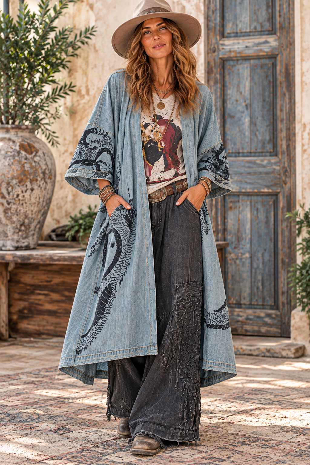 Paper Lace Denim Dragon Kimono