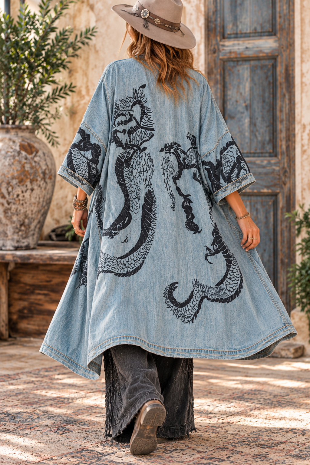 Paper Lace Denim Dragon Kimono