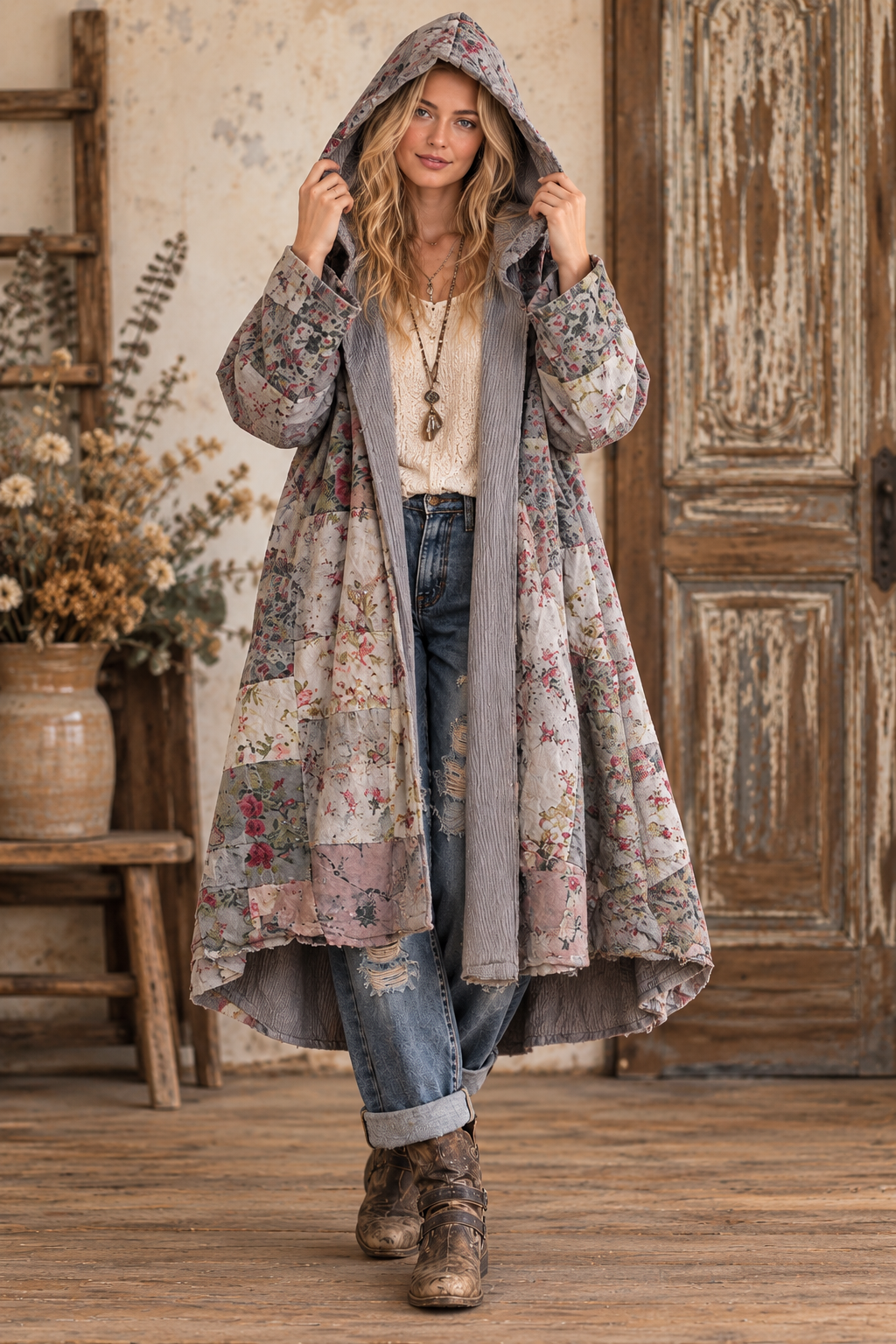 Paper Lace Reversible Grey Floral Duster