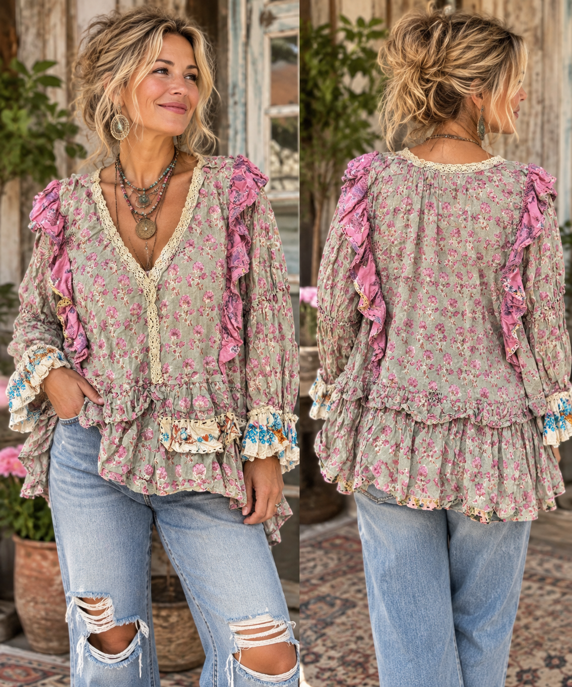 House of Jaded Gypsy Dusty Bloom Top - Olive, O/S