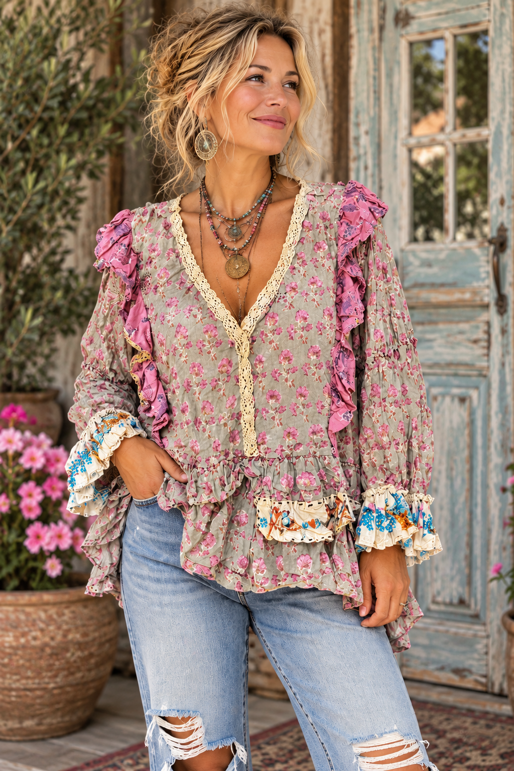 House of Jaded Gypsy Dusty Bloom Top - Olive, O/S