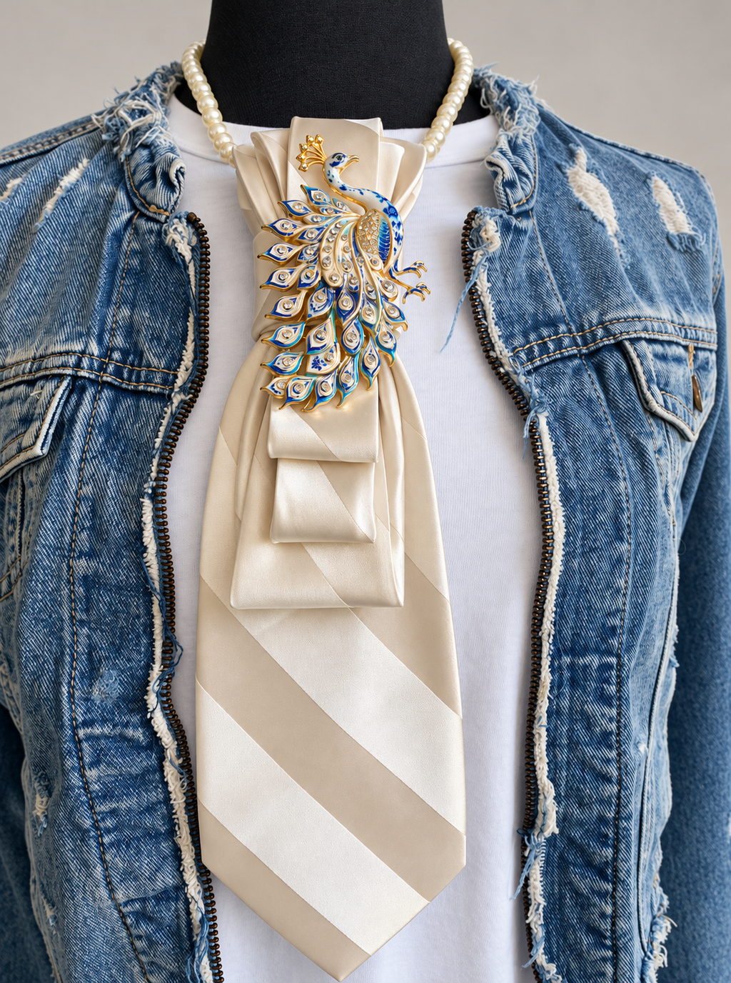 Heather Labas Ivory Striped Tie Necklace with Jeweled Peacock