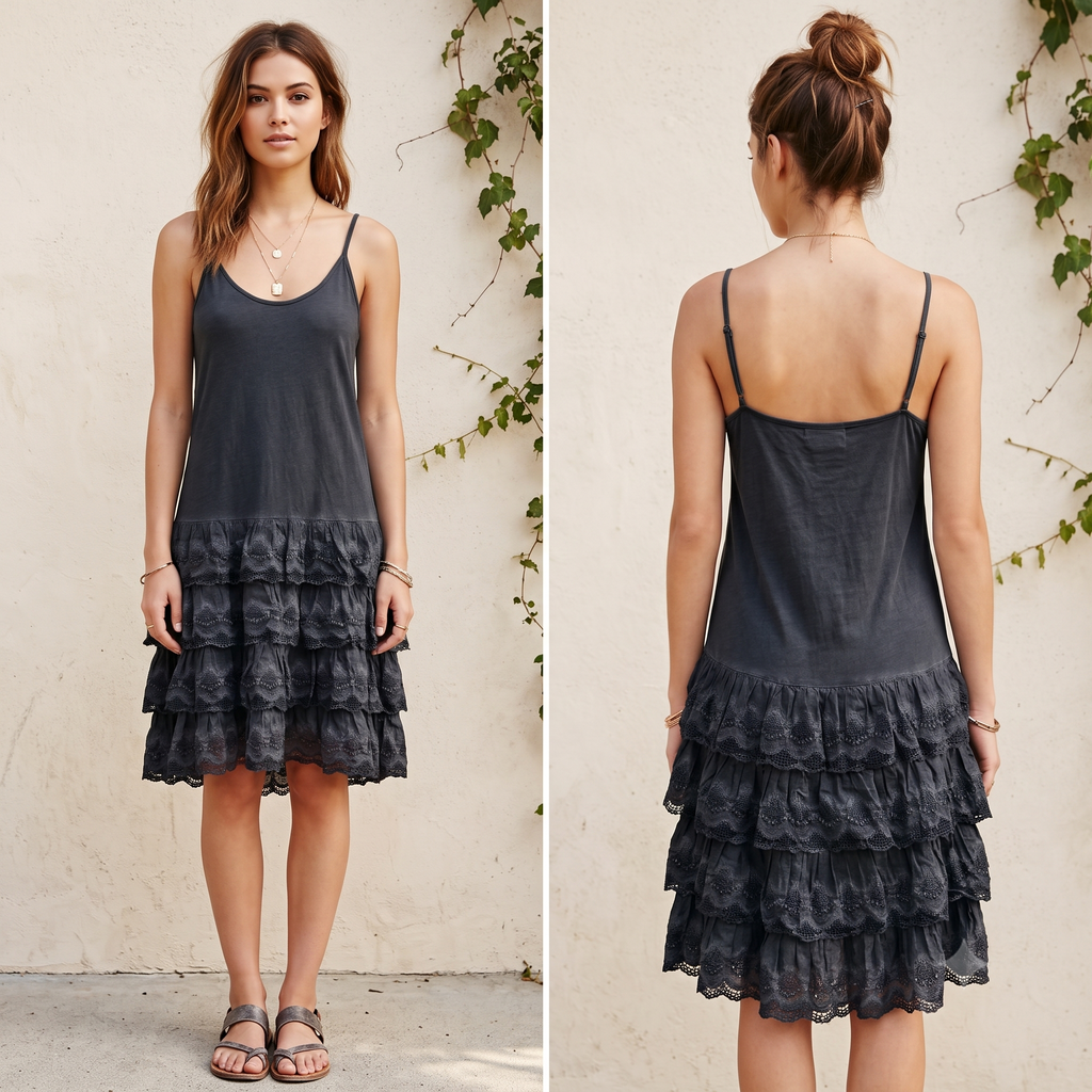 Rare Bird  Ruffled Slip Dress  Charcoal