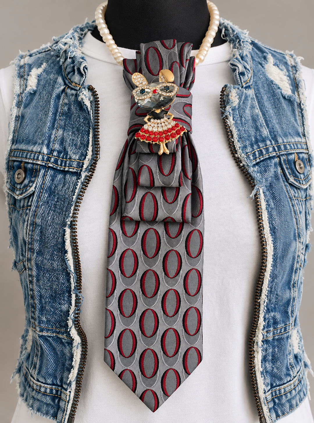 Heather Labas Gray Oval Tie Necklace with Jeweled Mouse