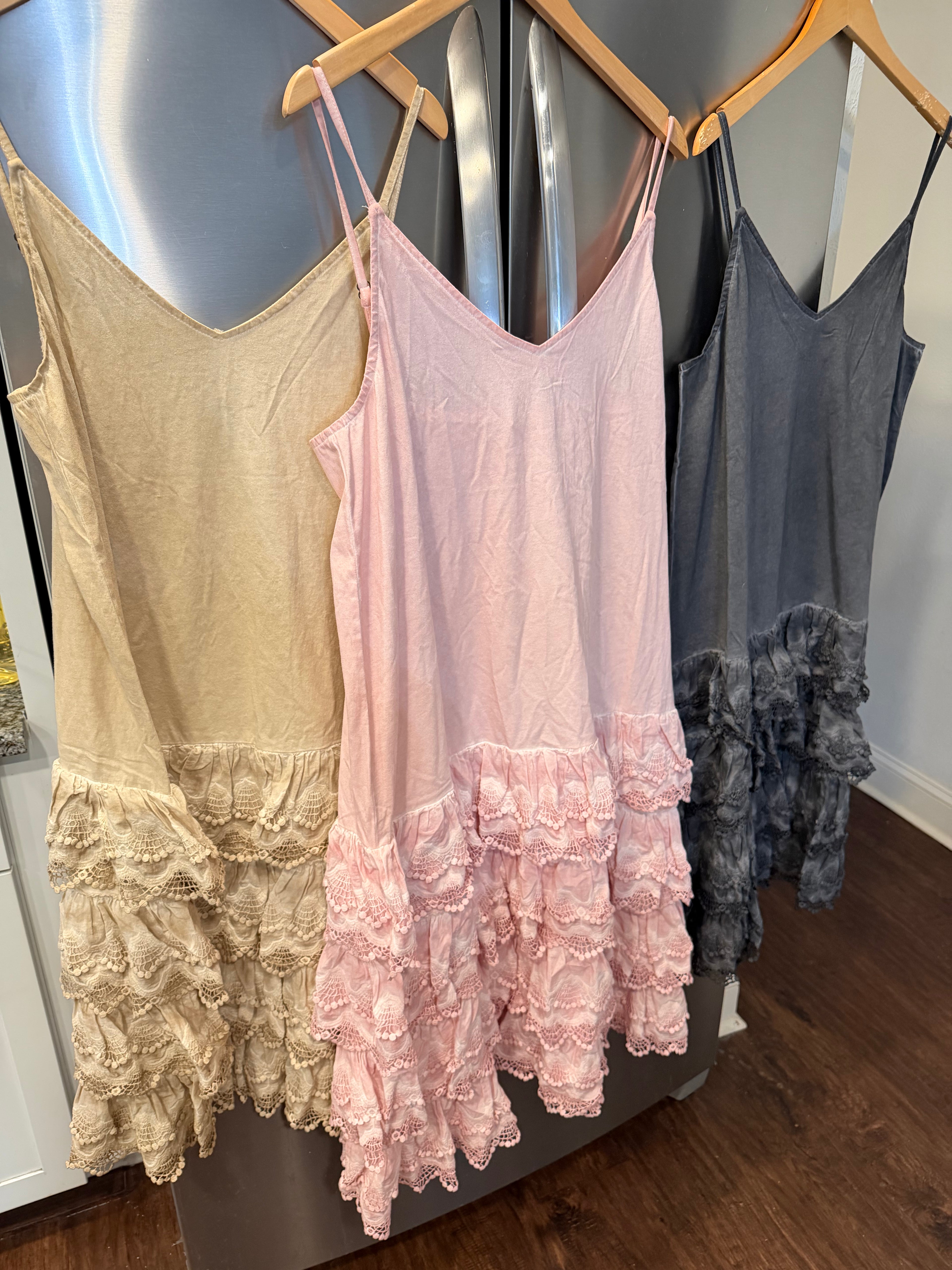 Rare Bird Distressed Ruffled Slip Dress  Tea Stain