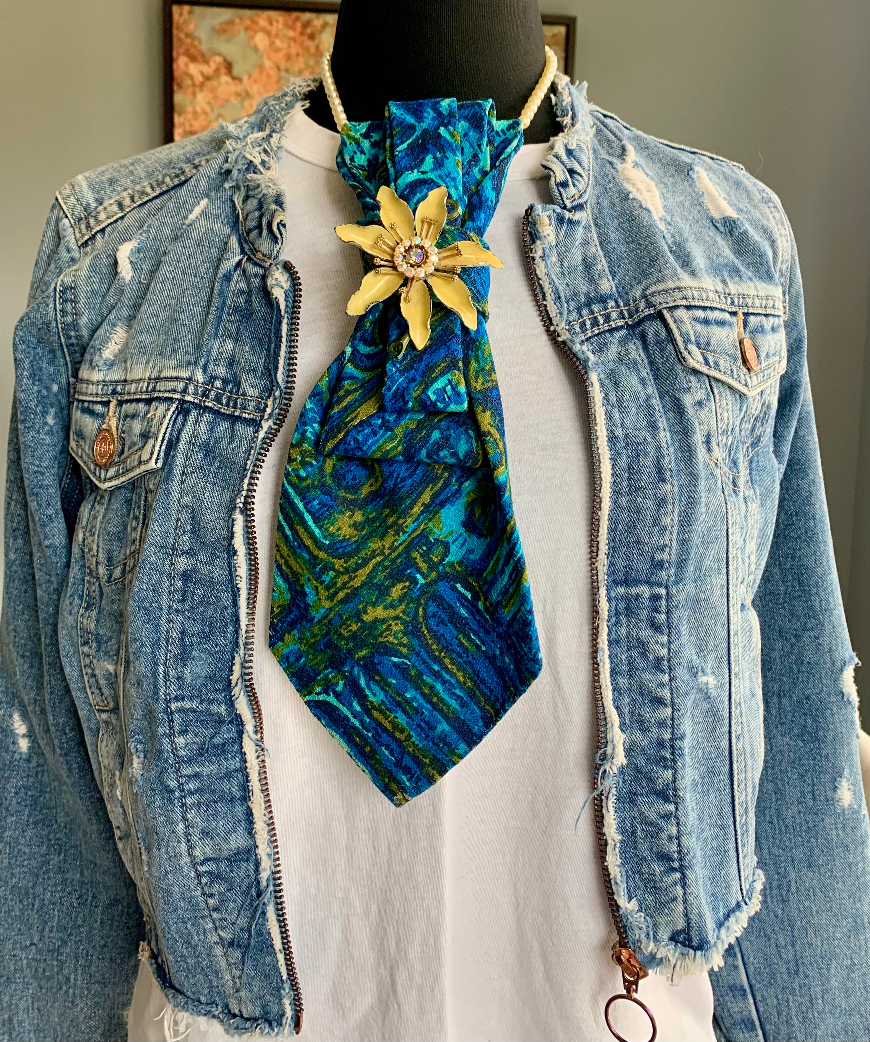 Heather Labas Custom Tie Necklace — Teal Marble Gold Flower