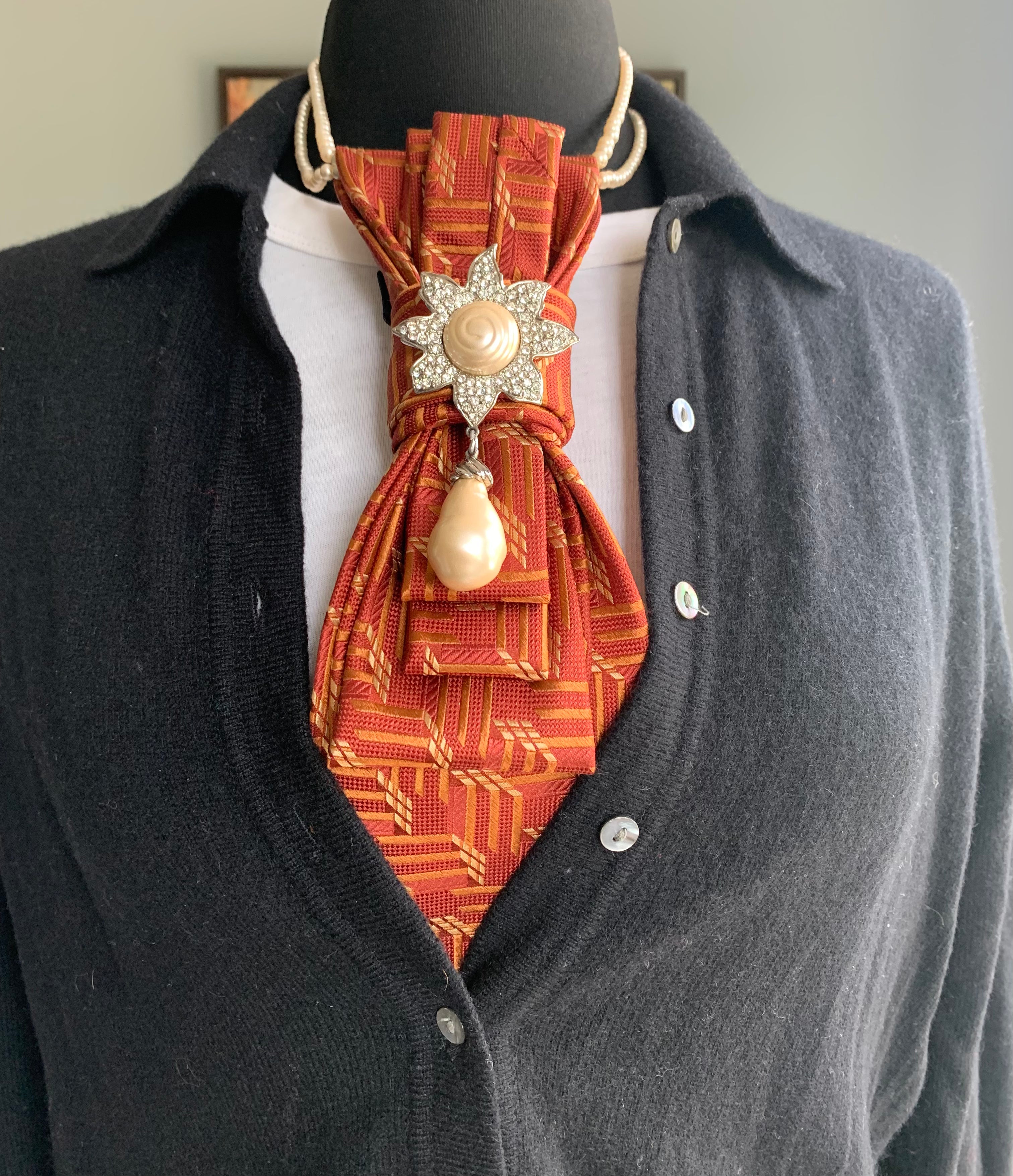 Heather Labas Custom Tie Necklace — Rust Geometric Rhinestone Pearl Drop