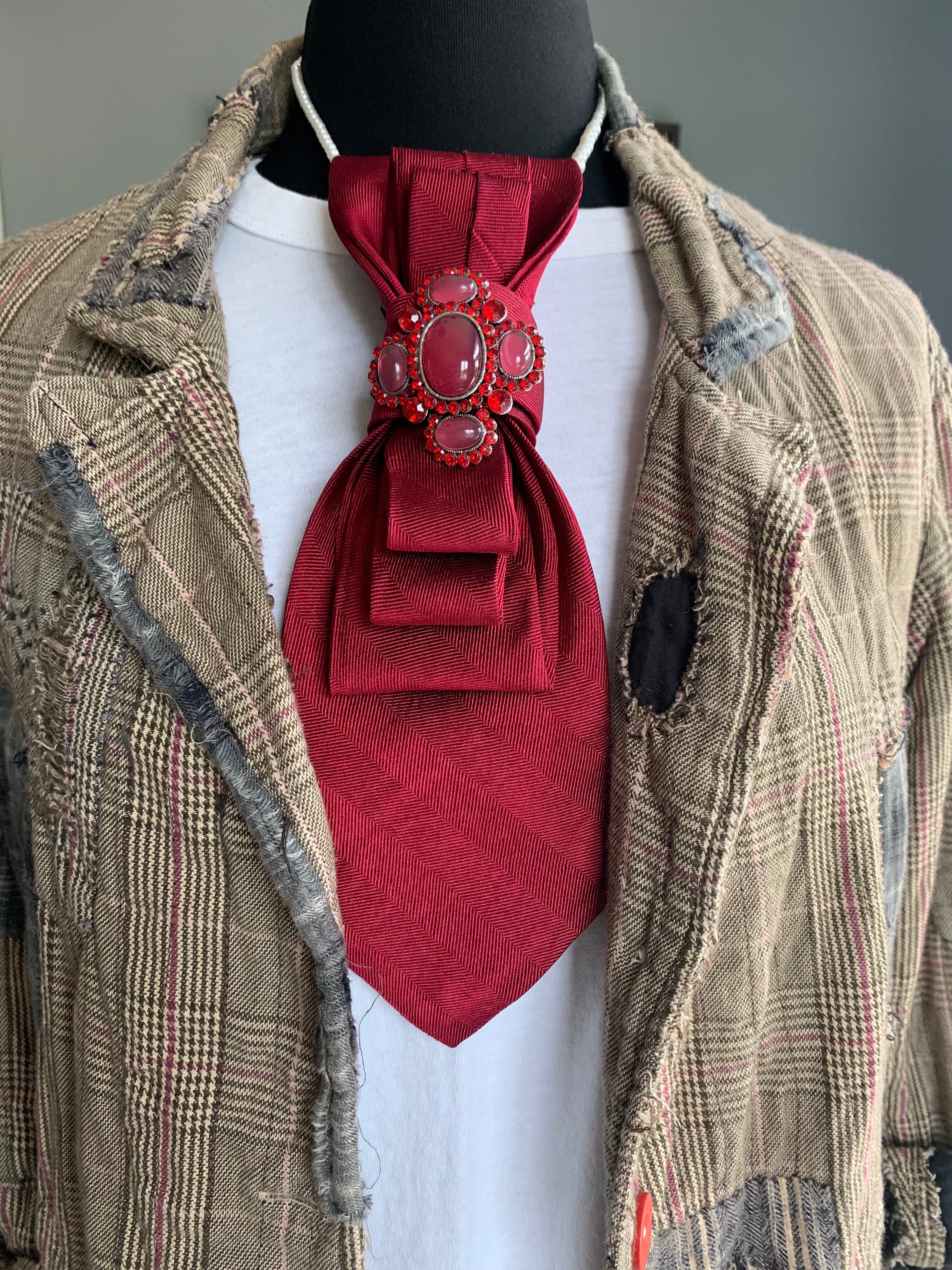 Heather Labas Custom Tie Necklace — Crimson Herringbone Ruby Cluster