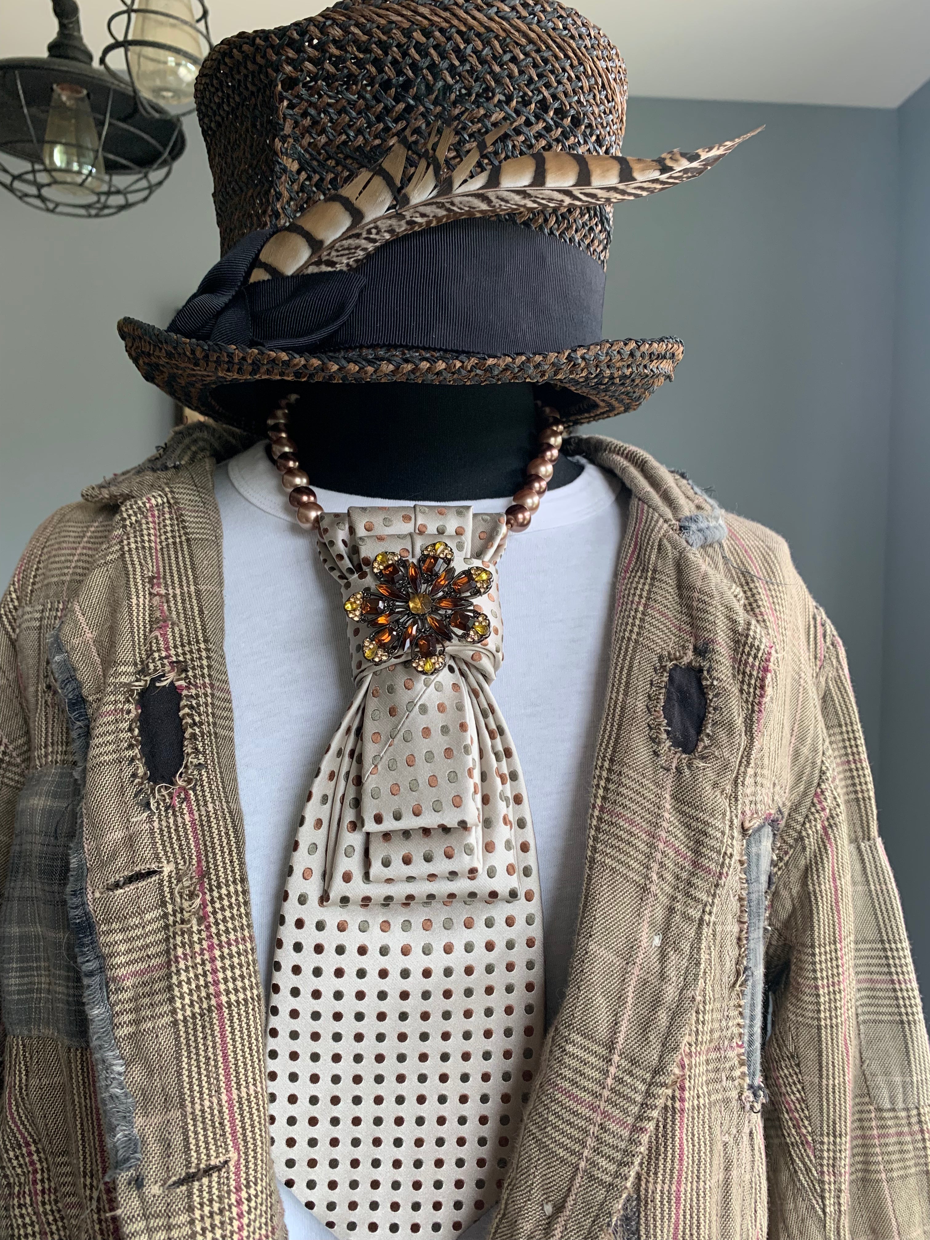 Heather Labas Custom Tie Necklace — Cream Polka Dot Dark Floral Brooch