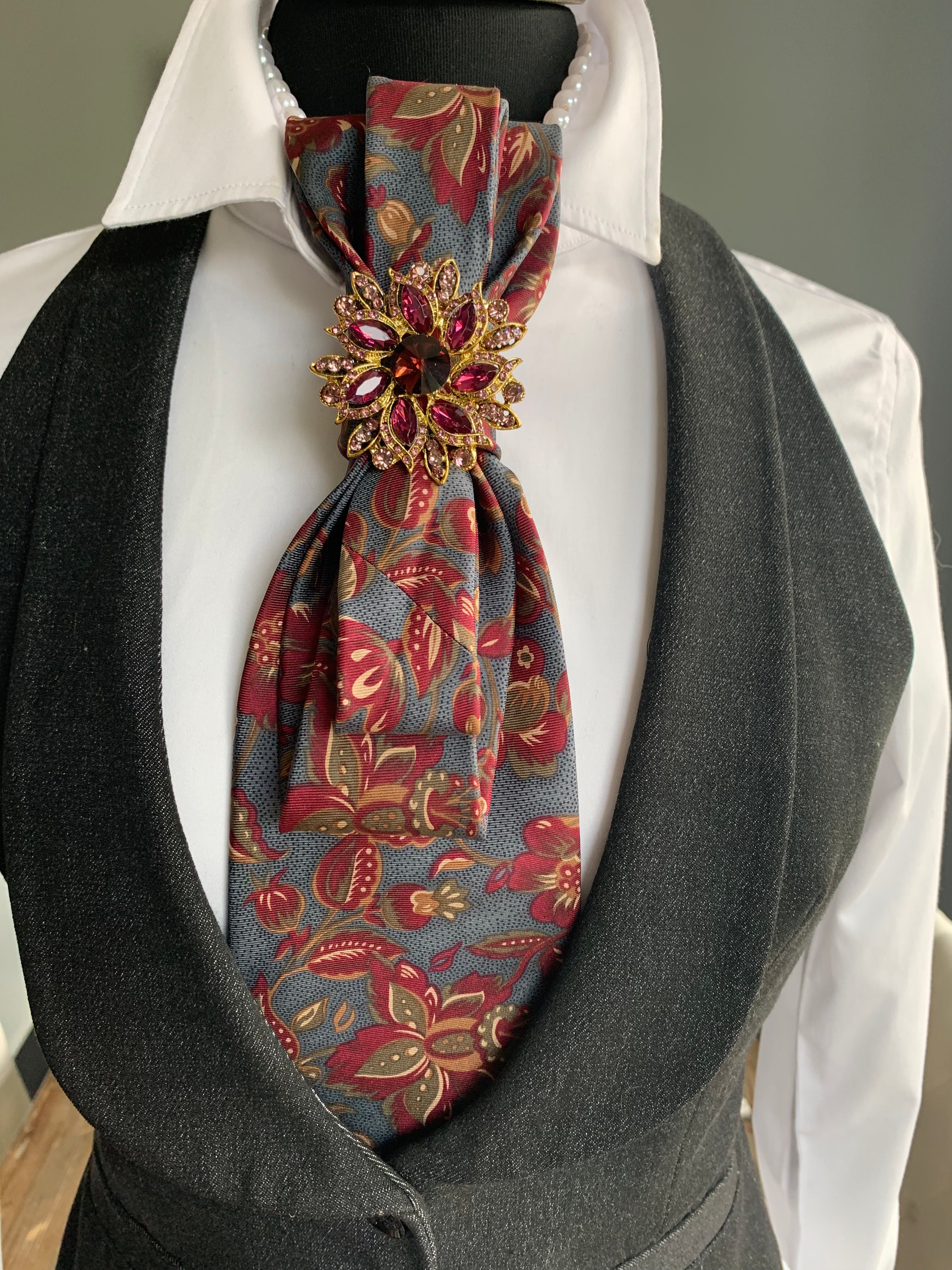 Heather Labas Custom Tie Necklace — Burgundy Paisley Floral Brooch