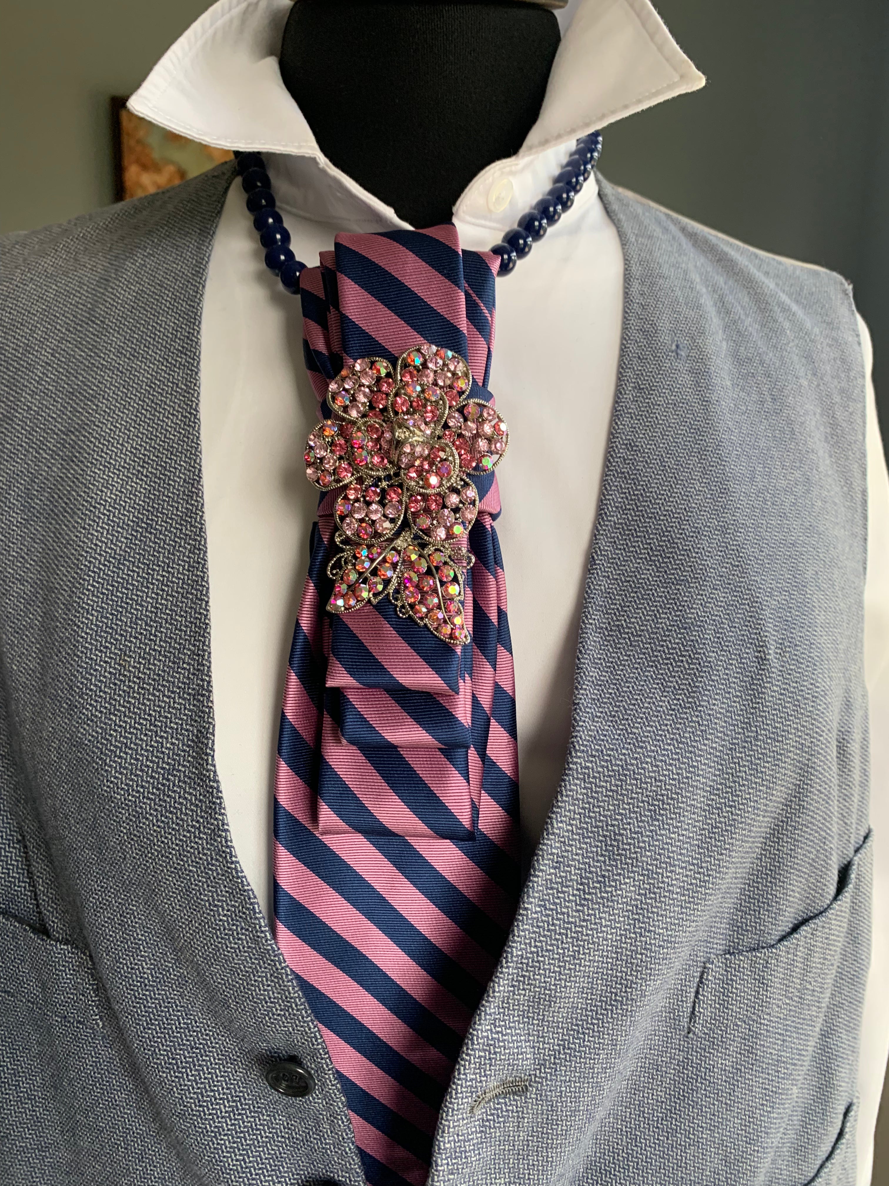 Heather Labas Custom Tie Necklace — Navy Pink Stripe Jeweled Brooch