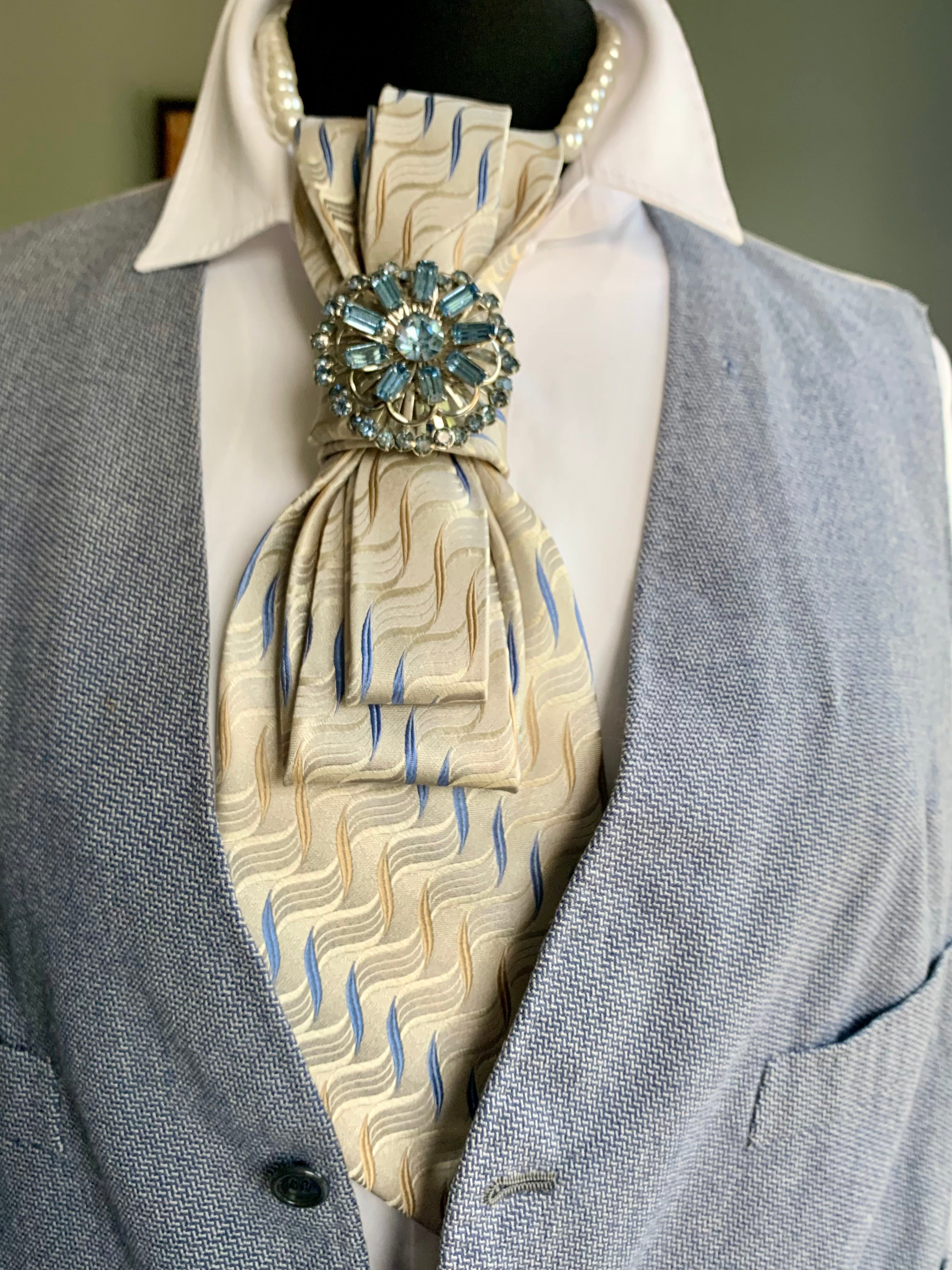 Heather Labas Custom Tie Necklace — Cream Blue Wave Silver Floral Brooch