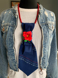 Heather Labas Custom Tie Necklace — Navy Hibiscus Red Bead