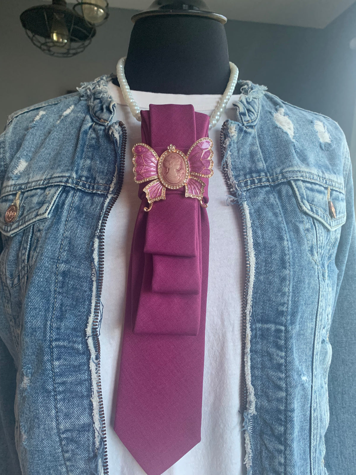 Heather Labas Magenta Tie Necklace with Butterfly Cameo