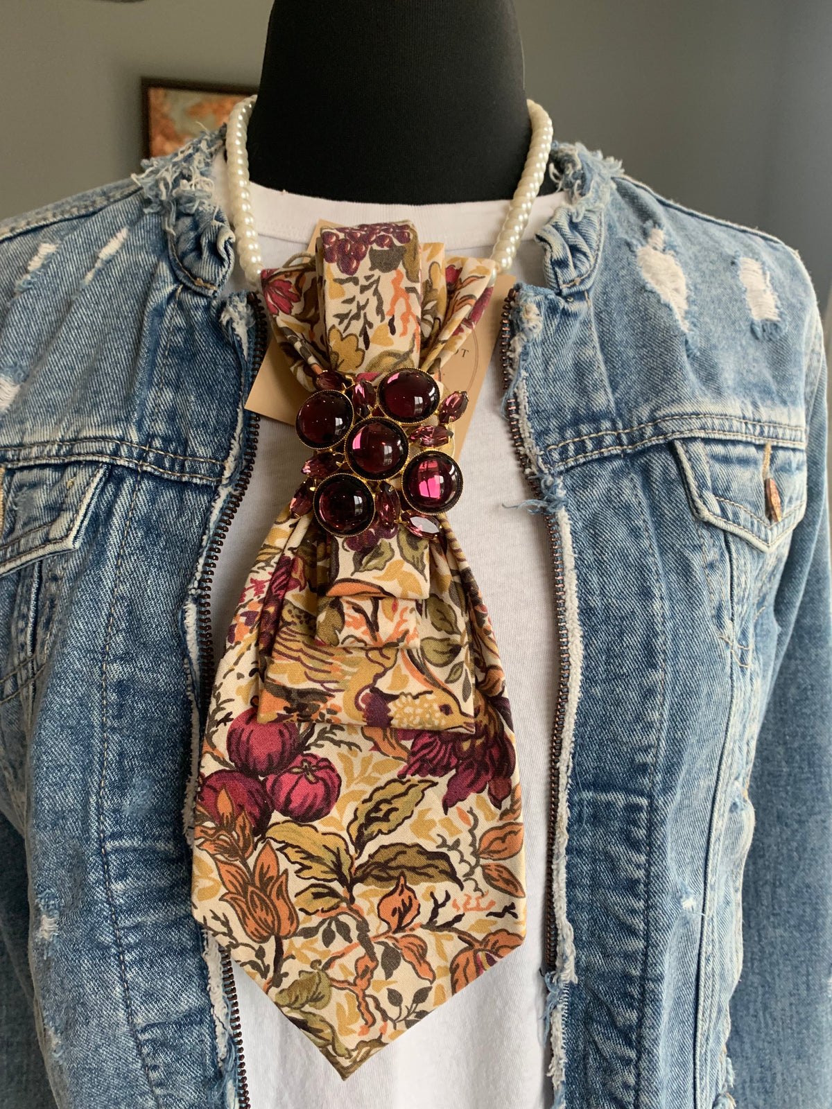 Heather Labas Cream Botanical Tie Necklace with Burgundy Jeweled Accent