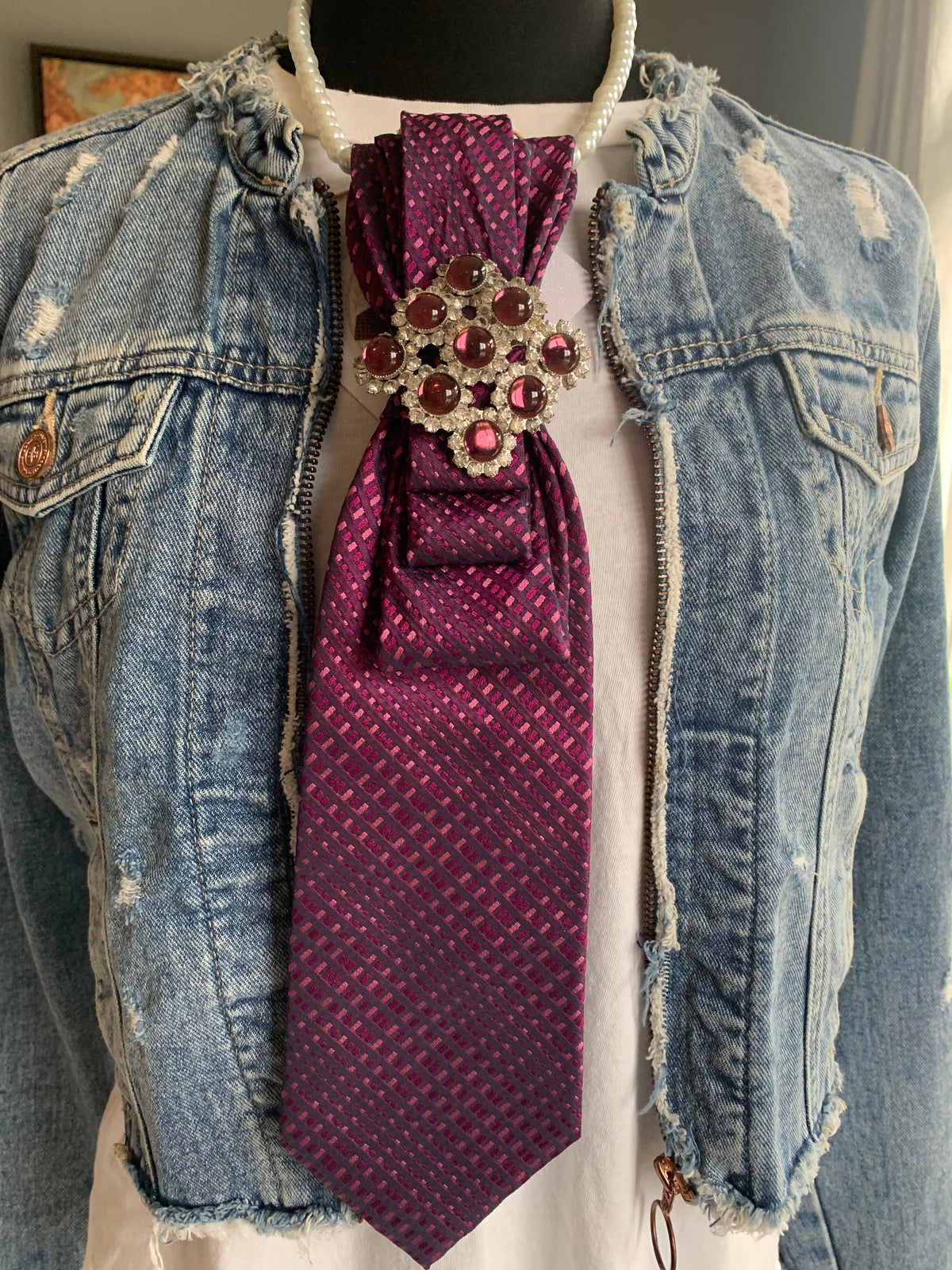 Heather Labas Plum Patterned Tie Necklace with Pink Jeweled Accent