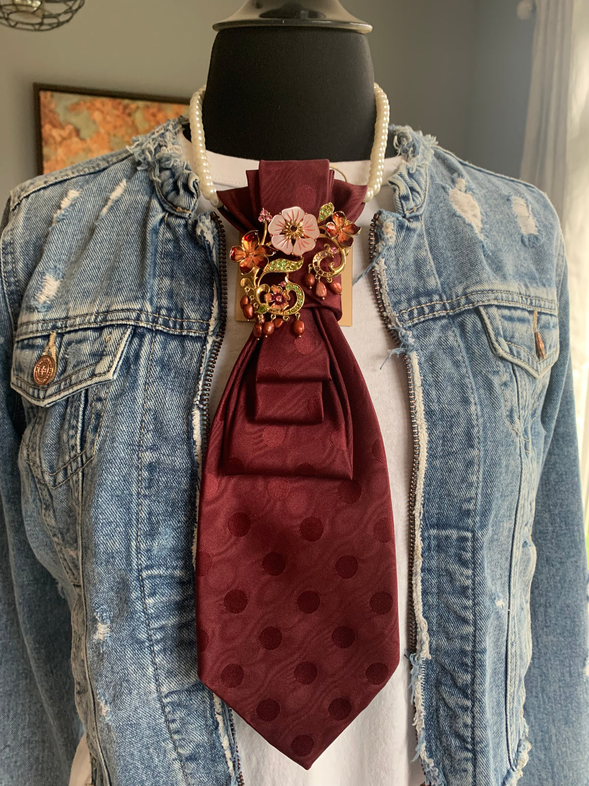 Heather Labas Burgundy Polka Dot Tie Necklace with Floral Accent