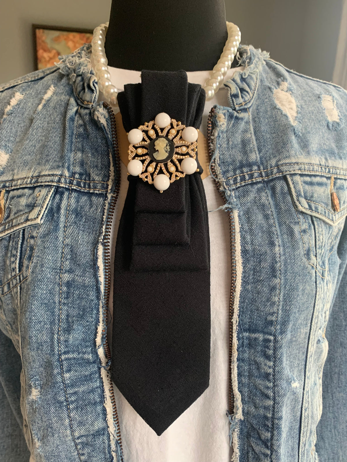 Heather Labas Black Tie Necklace with Cameo & Ivory Accents