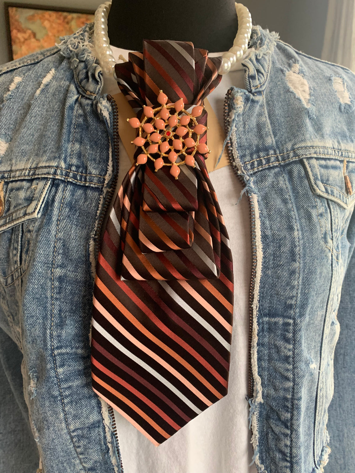 Heather Labas Striped Tie Necklace with Peach Floral Accent