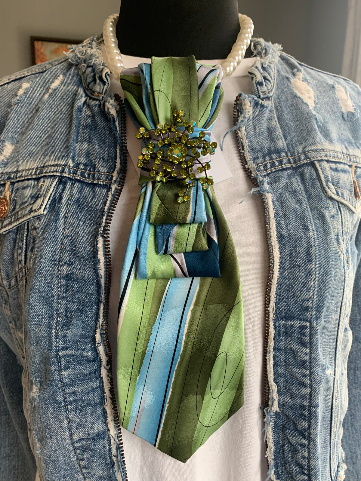 Heather Labas Green & Blue Tie Necklace with Jeweled Accent