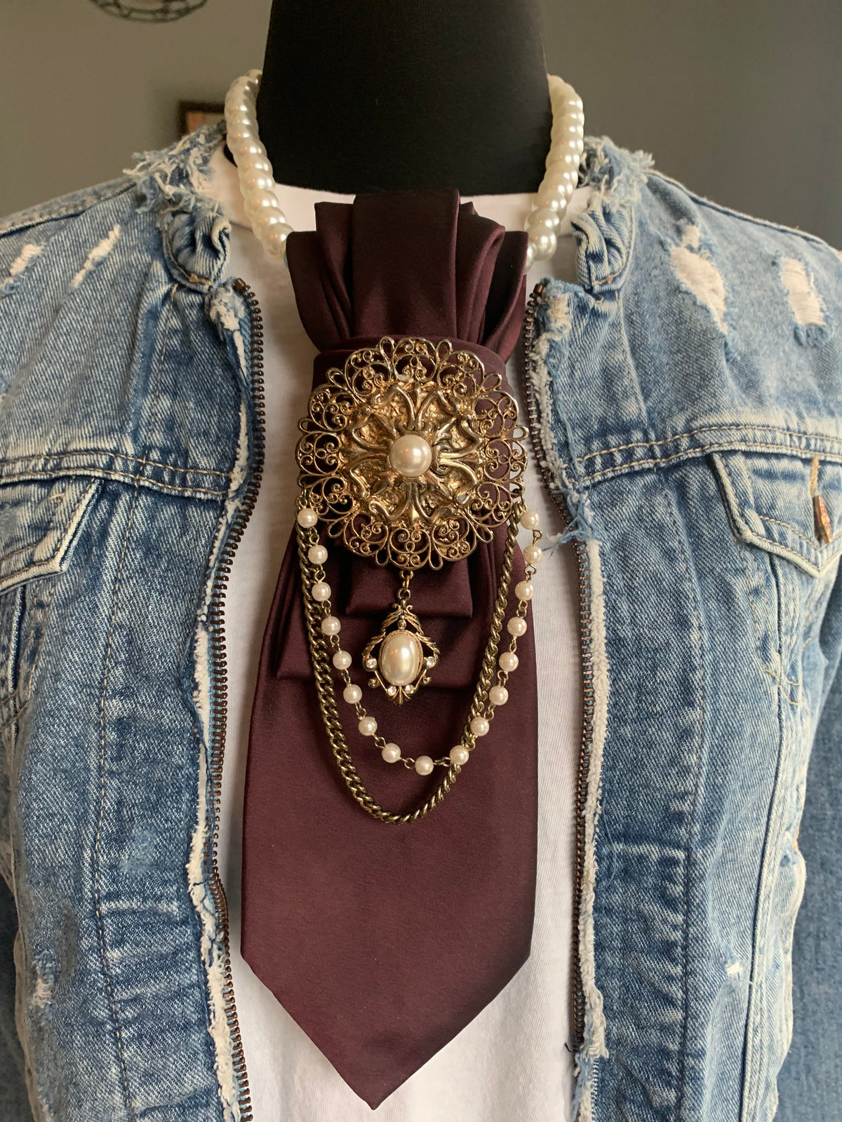 Heather Labas Plum Tie Necklace with Gold-Tone Filigree & Pearl Accents