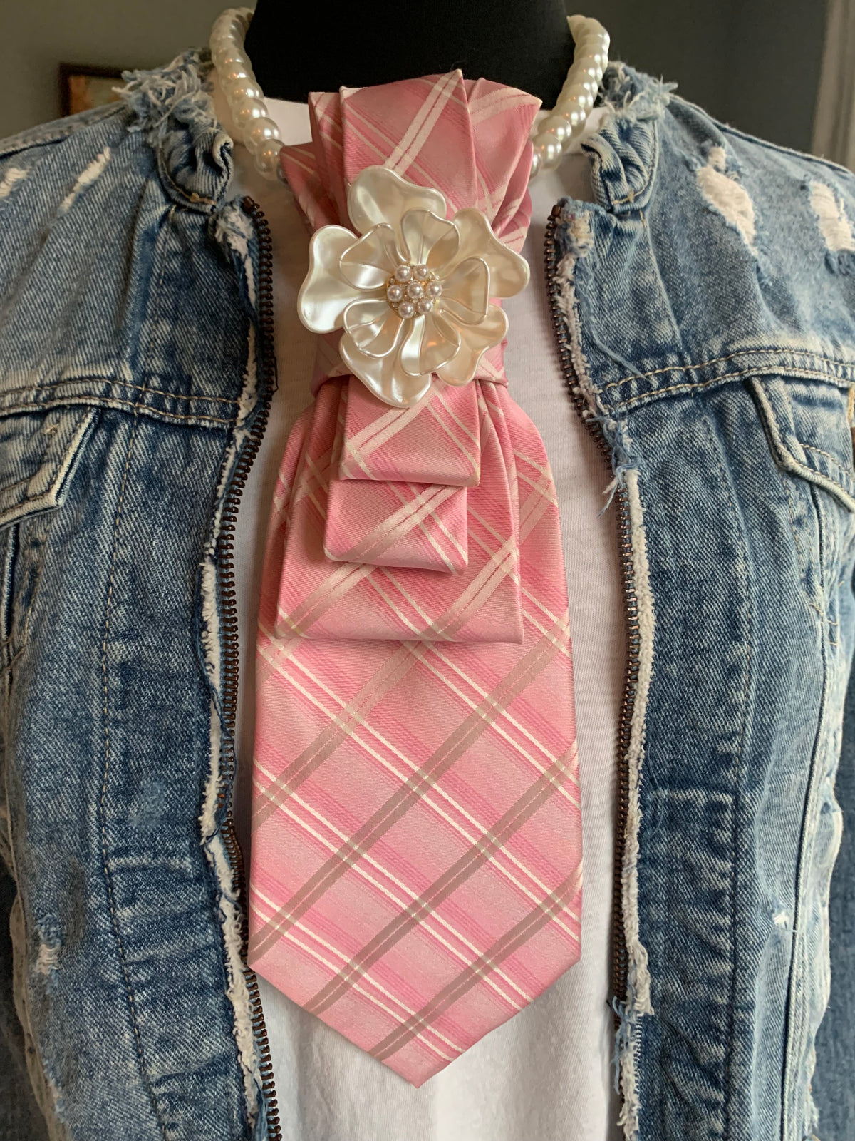 Heather Labas Pink Plaid Tie Necklace with Flower & Pearl Strand