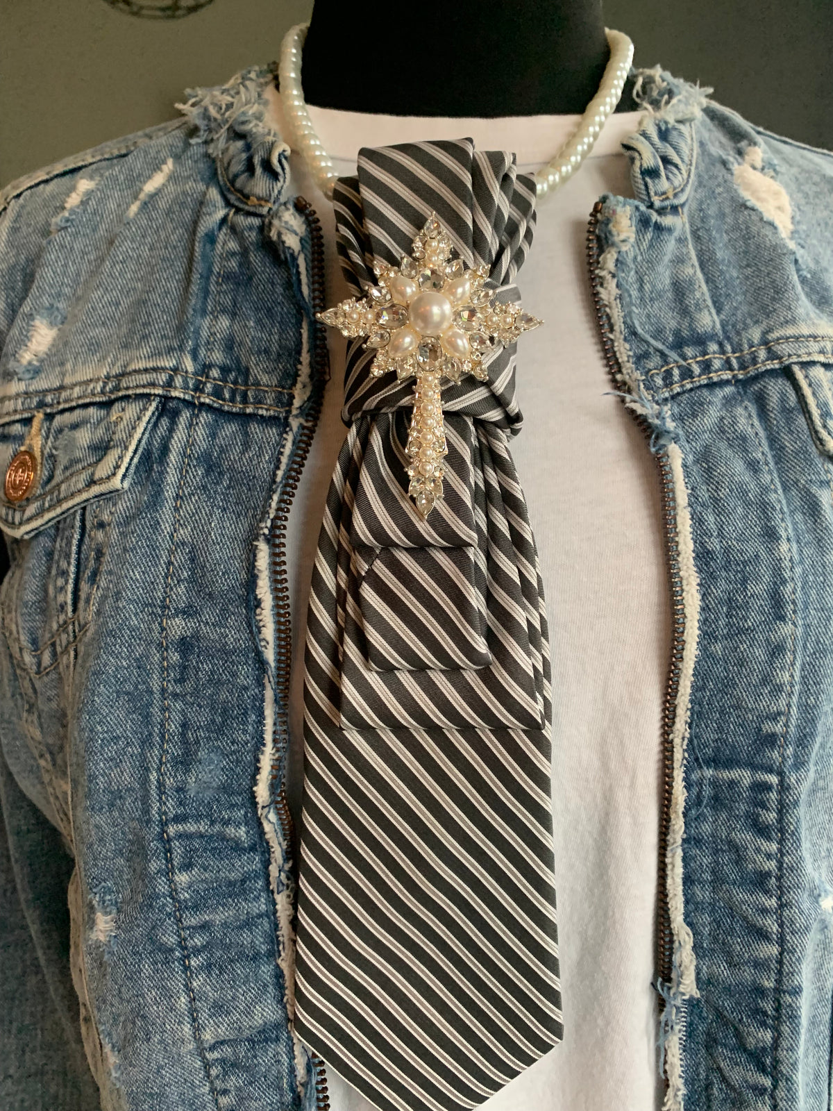 Heather Labas Striped Tie Necklace with Jeweled Cross & Pearl Strand