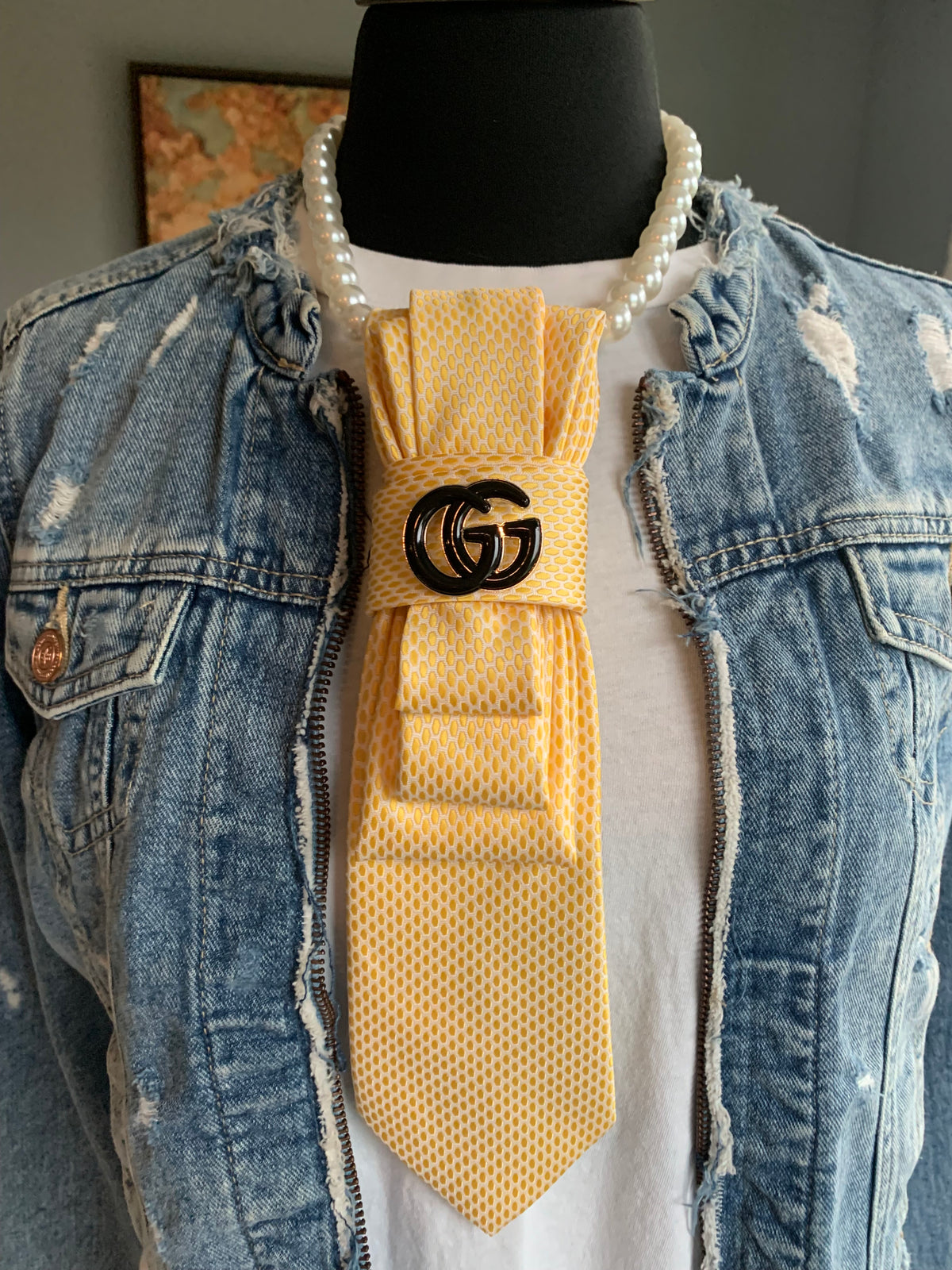 Heather Labas Yellow Tie Necklace with Pearl Strand & Monogram Accent