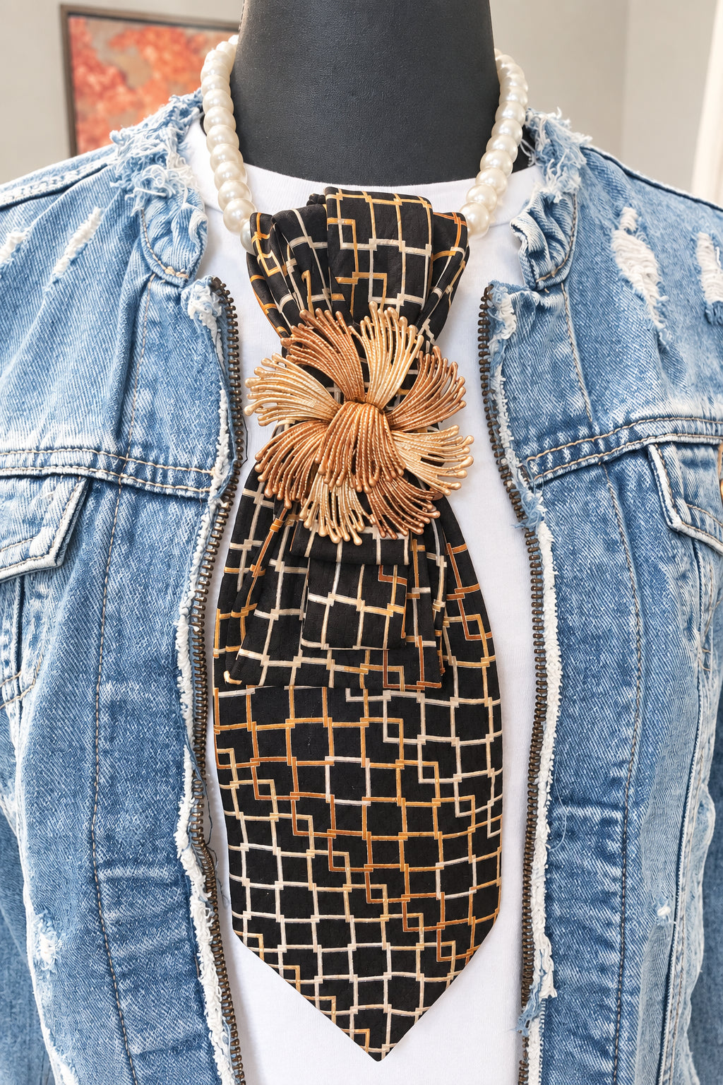 Heather Labas Black Geometric Tie Necklace with Pearl Strand and Gold Flower Brooch