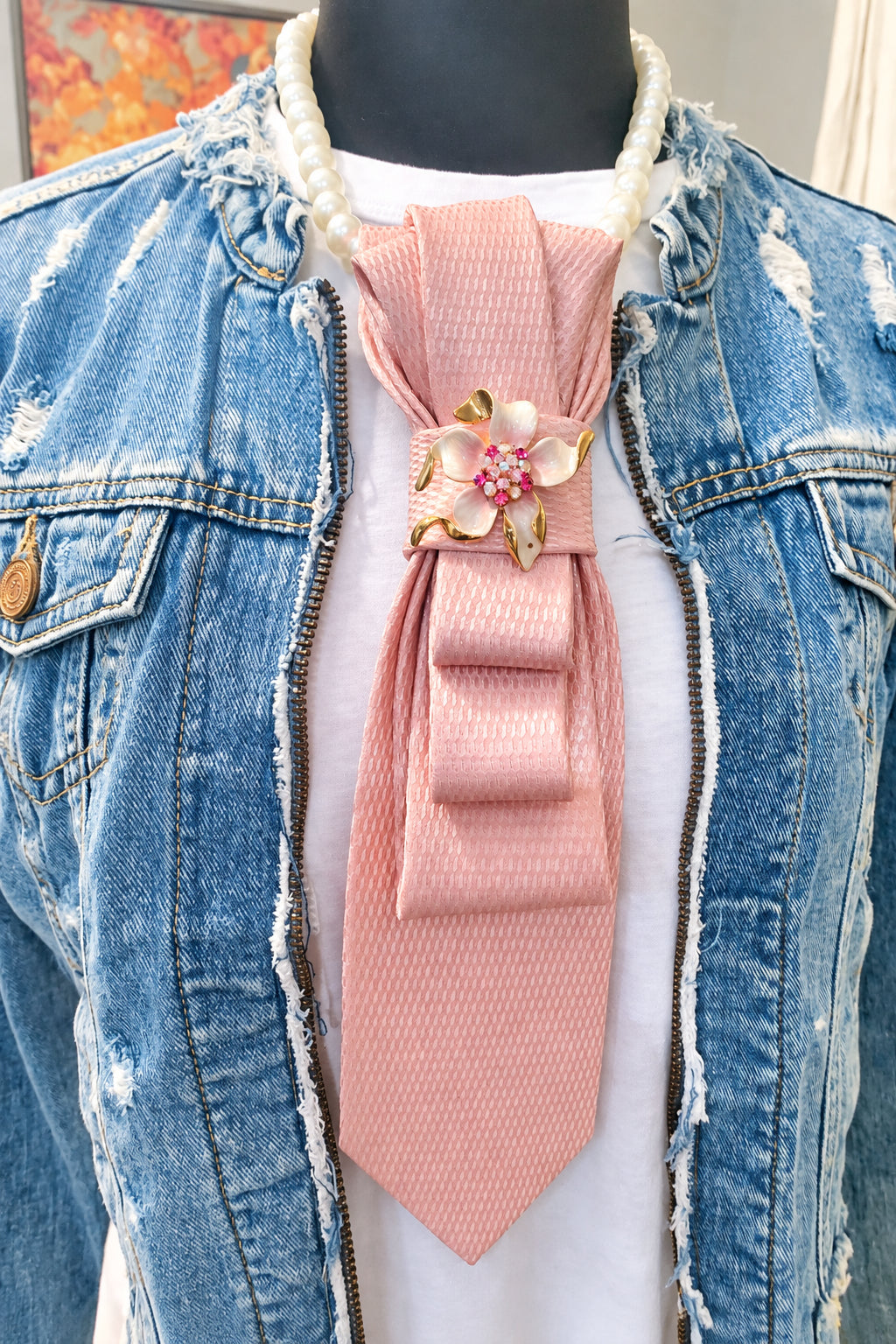 Heather Labas Blush Pink Tie Necklace with Pearl Strand and Floral Brooch