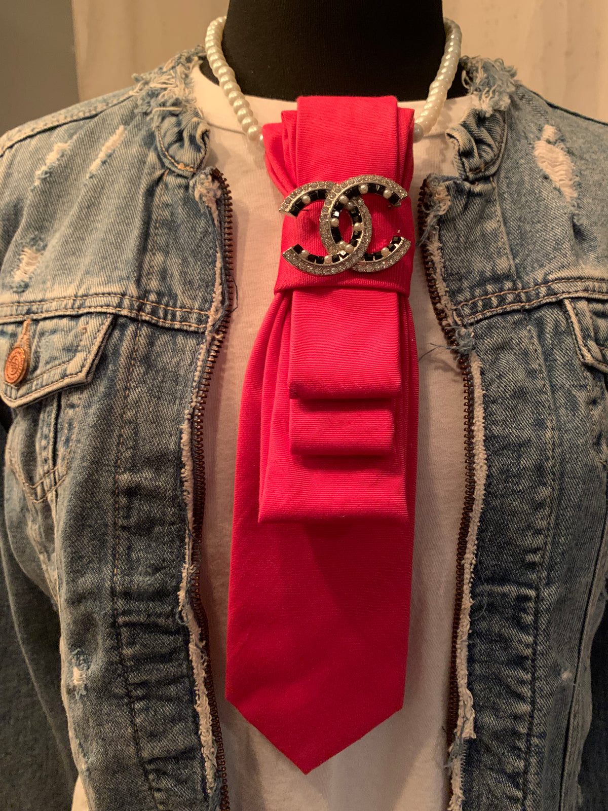 Heather Labas Red Tie Necklace with Jeweled Brooch