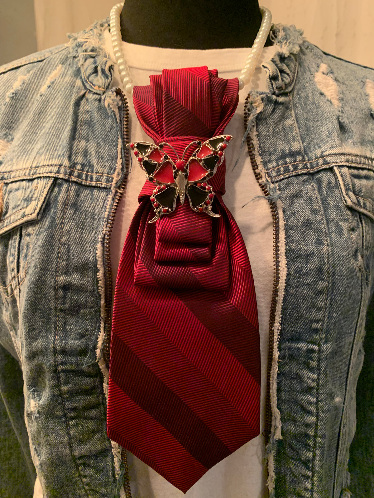 Heather Labas Wine Stripe Tie Necklace with Butterfly Broach
