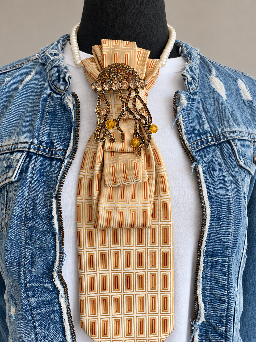 Heather Labas Cream Geometric Tie Necklace with Jeweled Jellyfish
