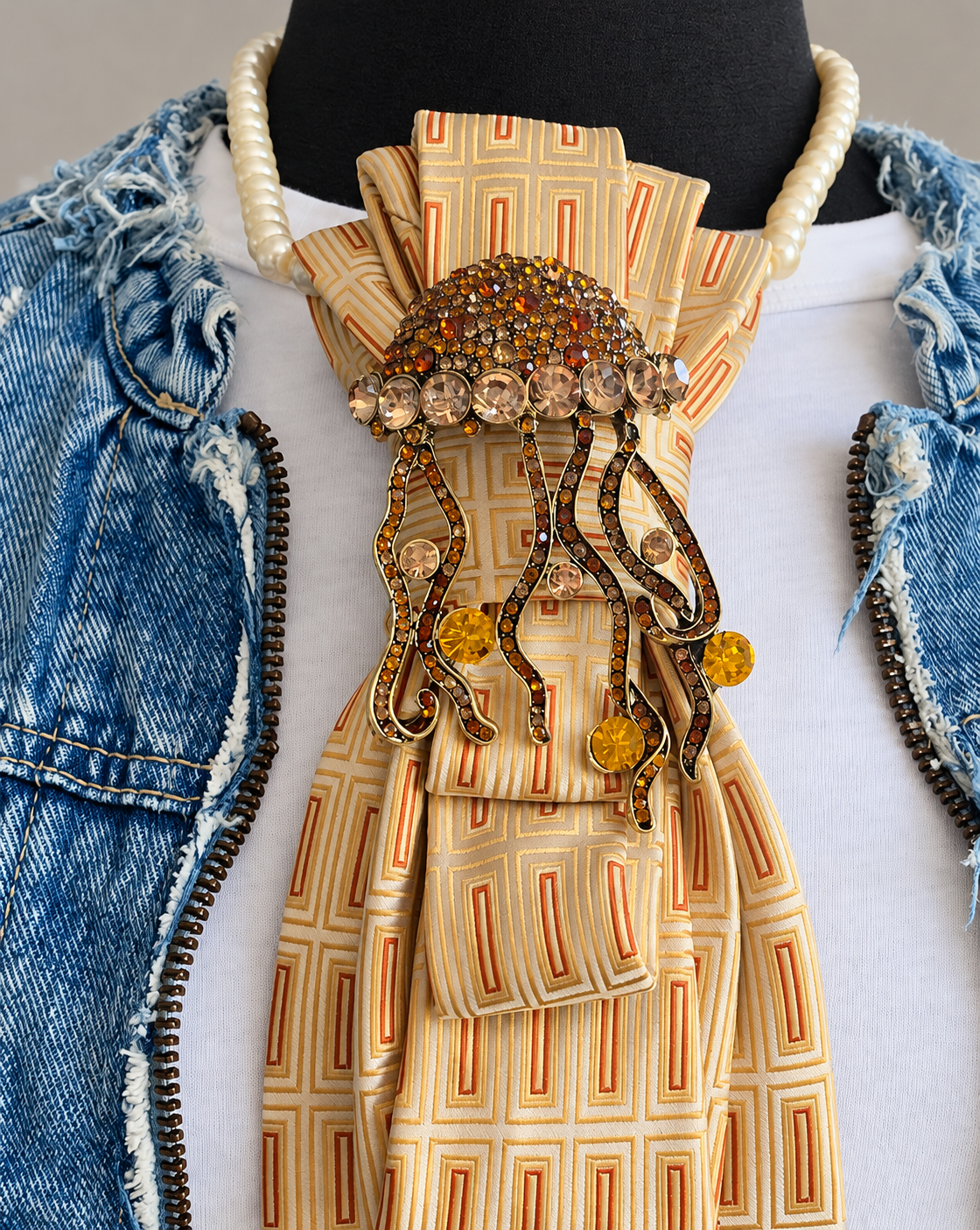 Heather Labas Cream Geometric Tie Necklace with Jeweled Jellyfish