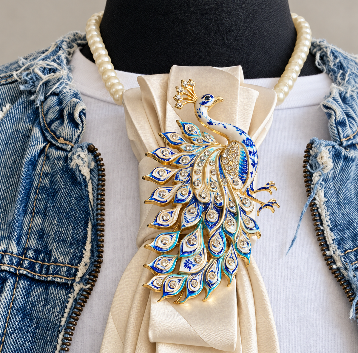 Heather Labas Ivory Striped Tie Necklace with Jeweled Peacock