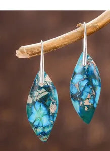 Blue Patterned Leaf Drop Earrings