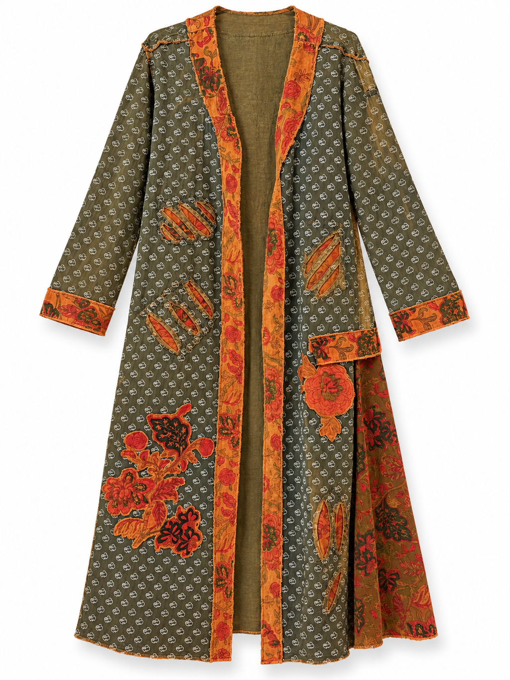 Blue/Brown Paper Lace Printed Long Jacket with Velvet Appliques