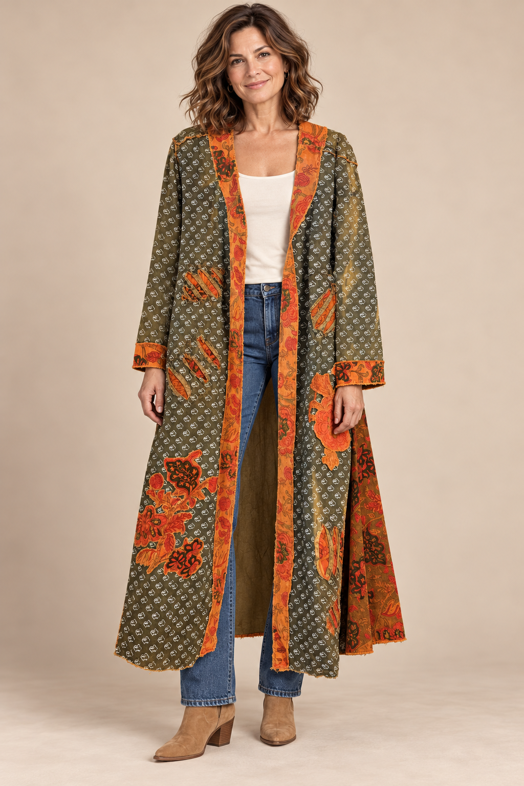 Blue/Brown Paper Lace Printed Long Jacket with Velvet Appliques