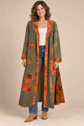 Blue/Brown Paper Lace Printed Long Jacket with Velvet Appliques