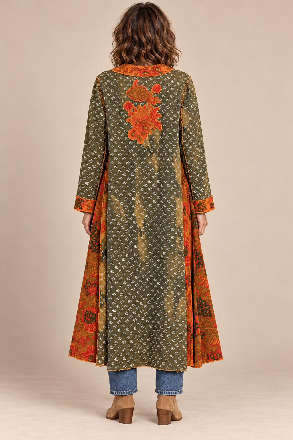 Blue/Brown Paper Lace Printed Long Jacket with Velvet Appliques