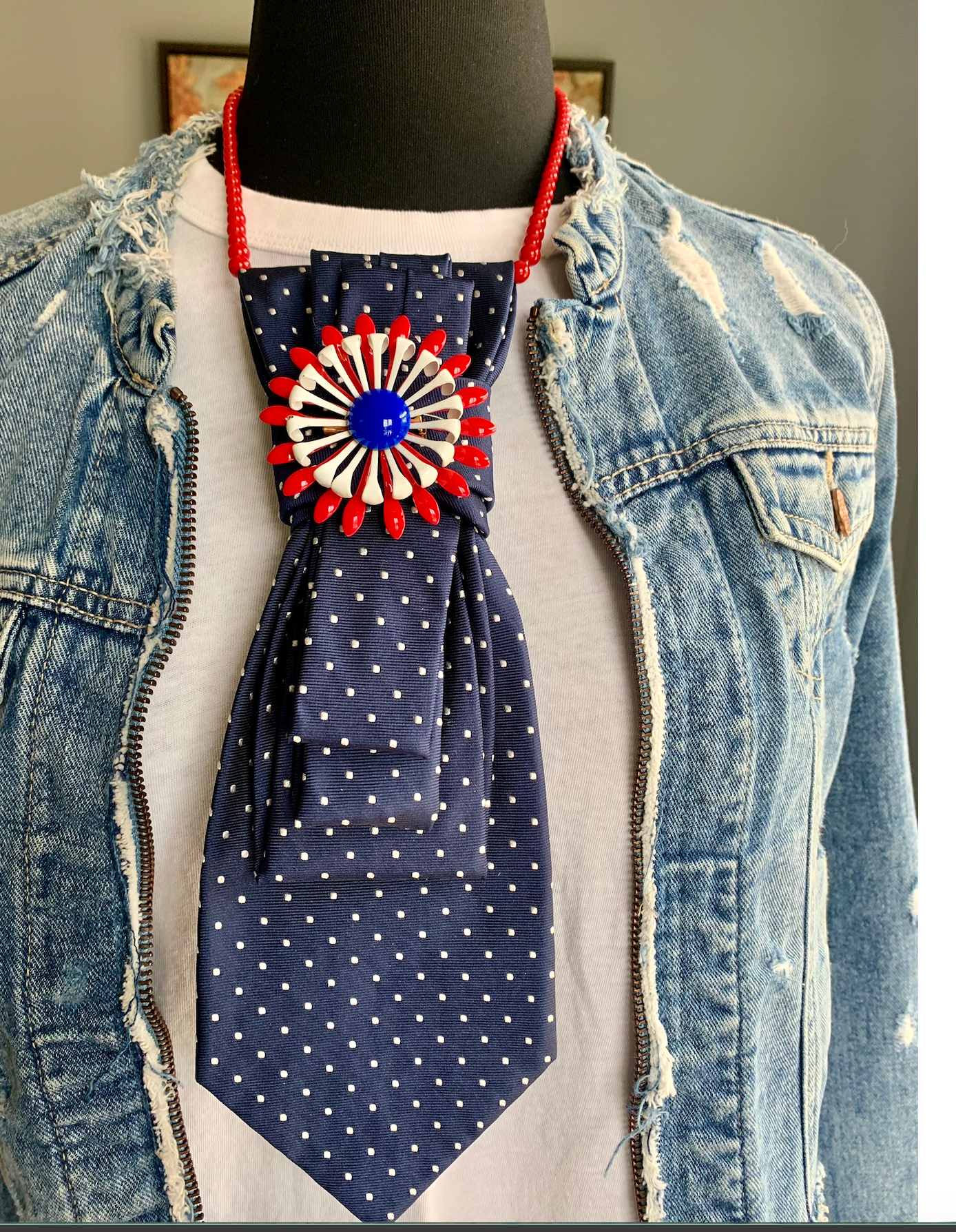Heather Labas Custom Tie Necklace — Navy Polka Dot Sunburst