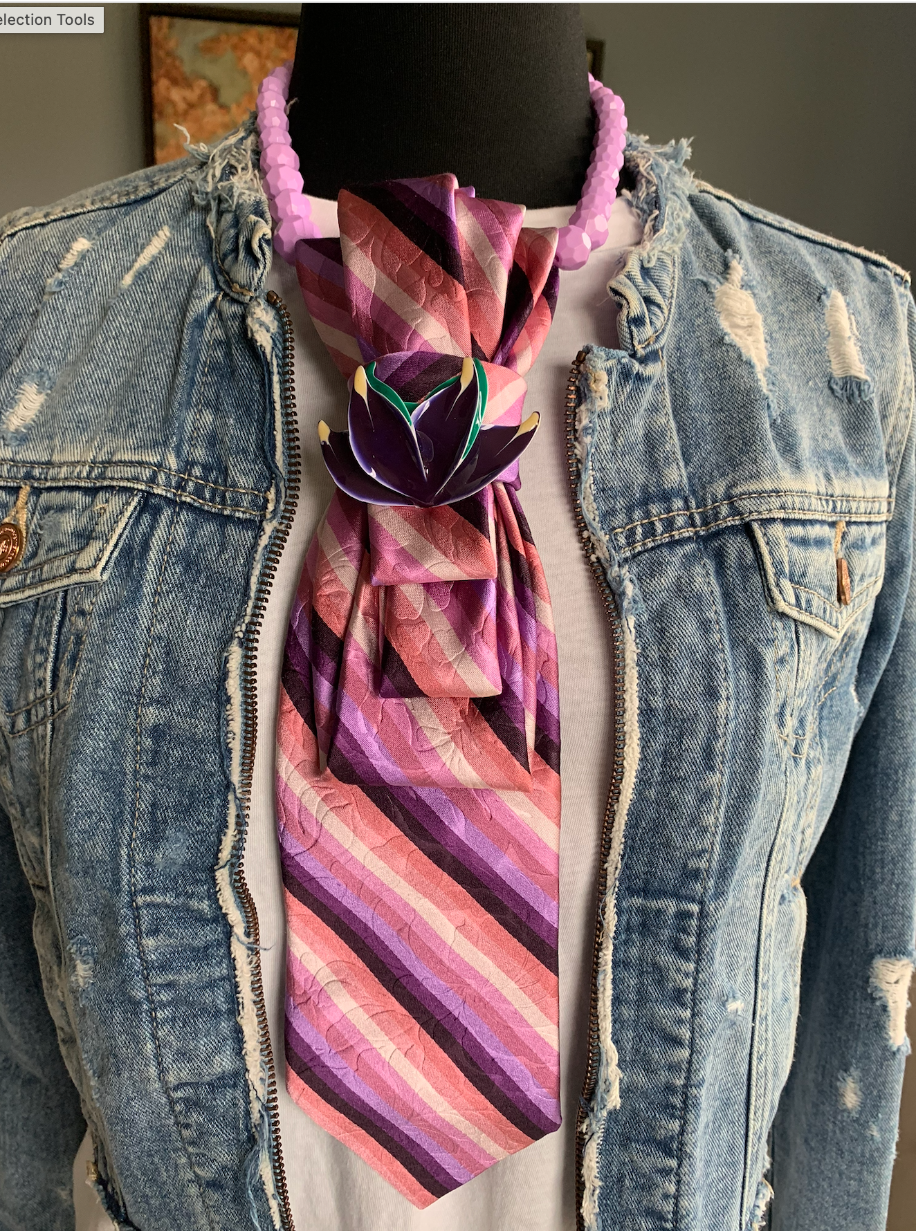 Heather Labas Custom Tie Necklace — Mauve Stripe Purple Tulip