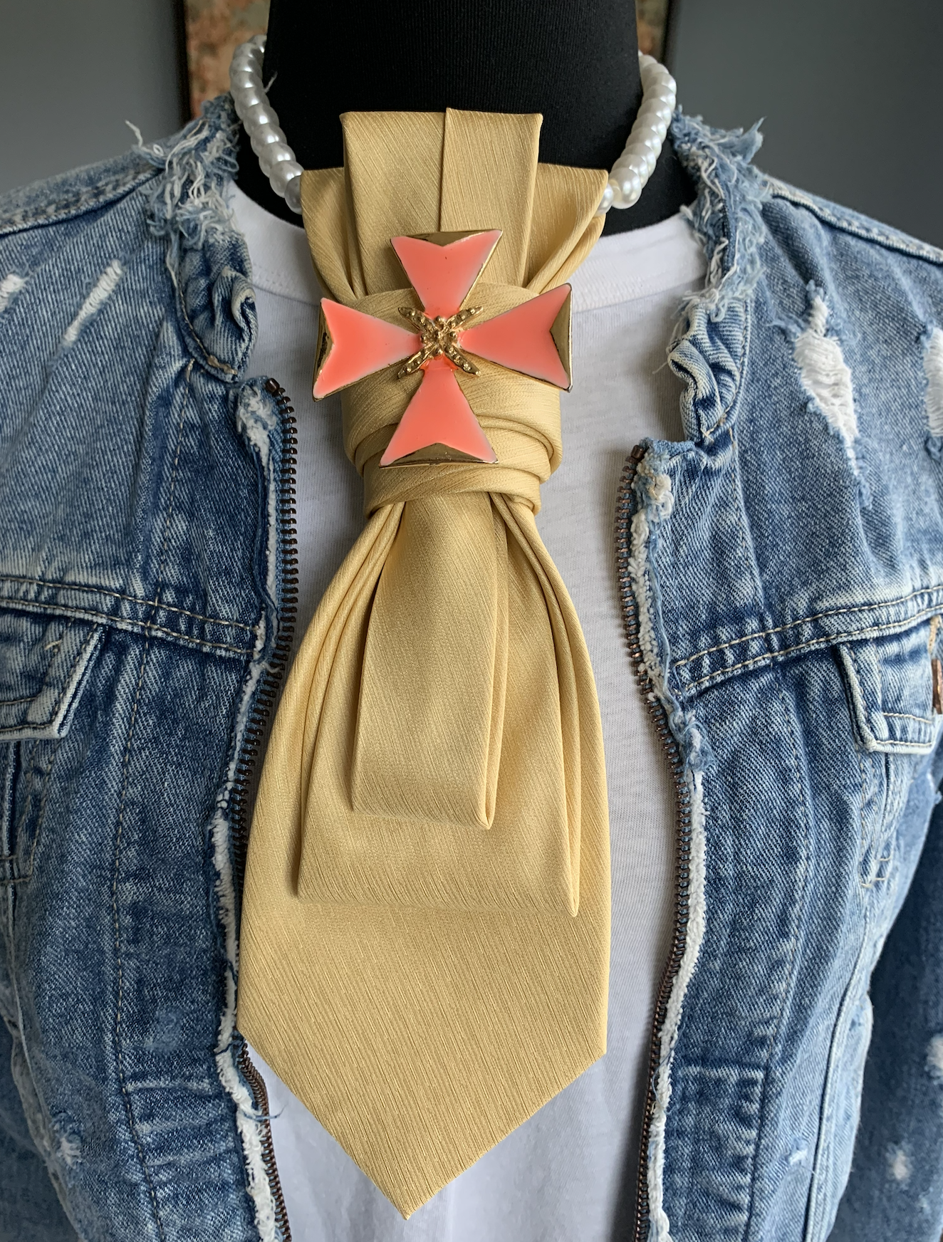 Heather Labas Custom Tie Necklace — Champagne Gold Coral Cross