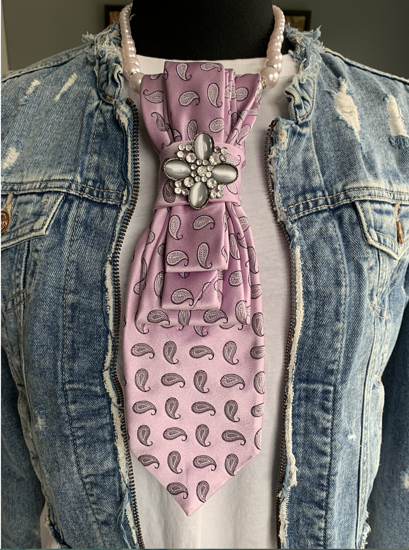 Heather Labas Custom Tie Necklace — Pink Paisley Moonstone Flower