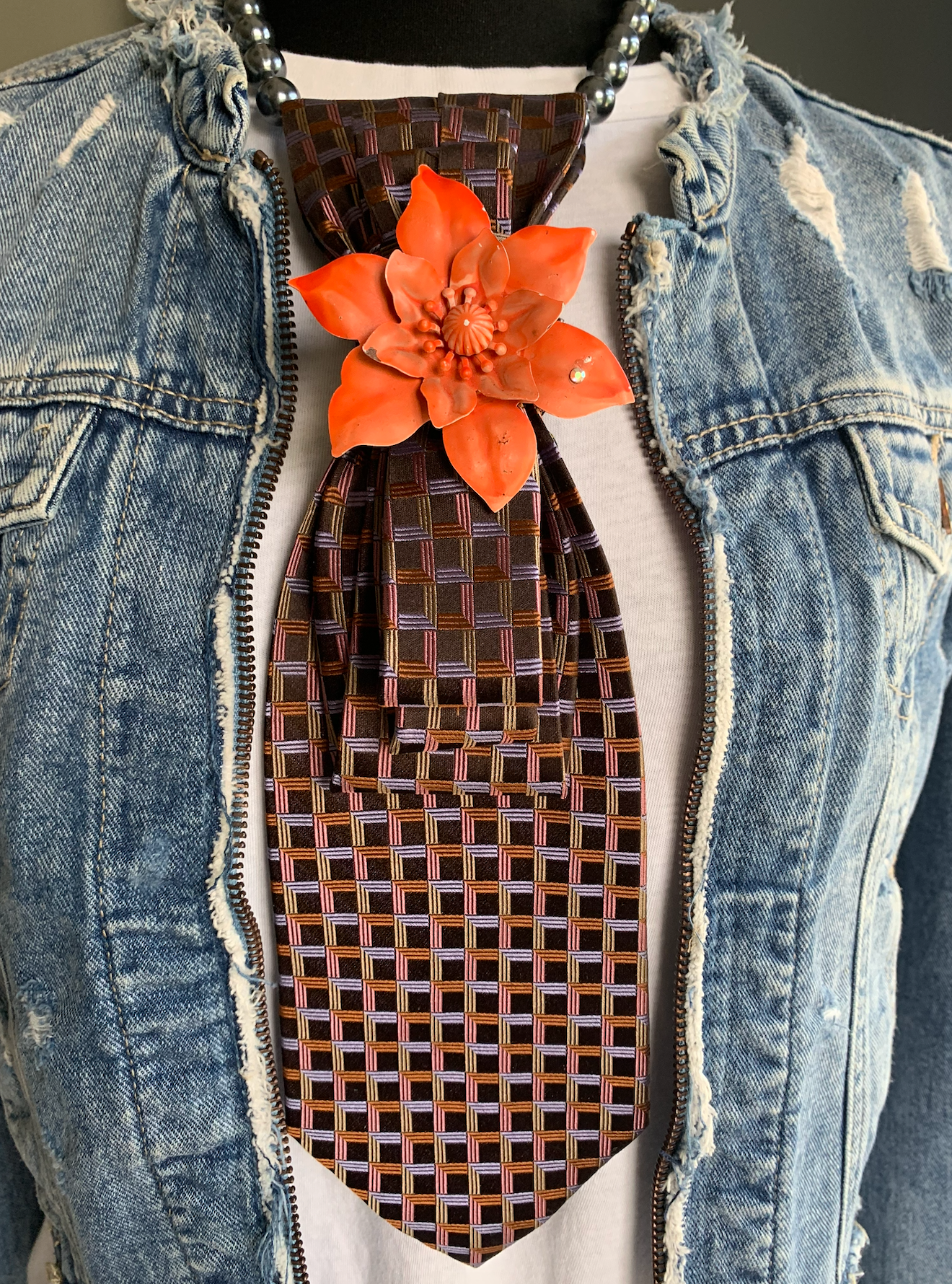 Heather Labas Custom Tie Necklace — Chocolate Grid Orange Lotus
