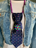 Heather Labas Custom Tie Necklace — Navy Polka Dot Jewel Flower