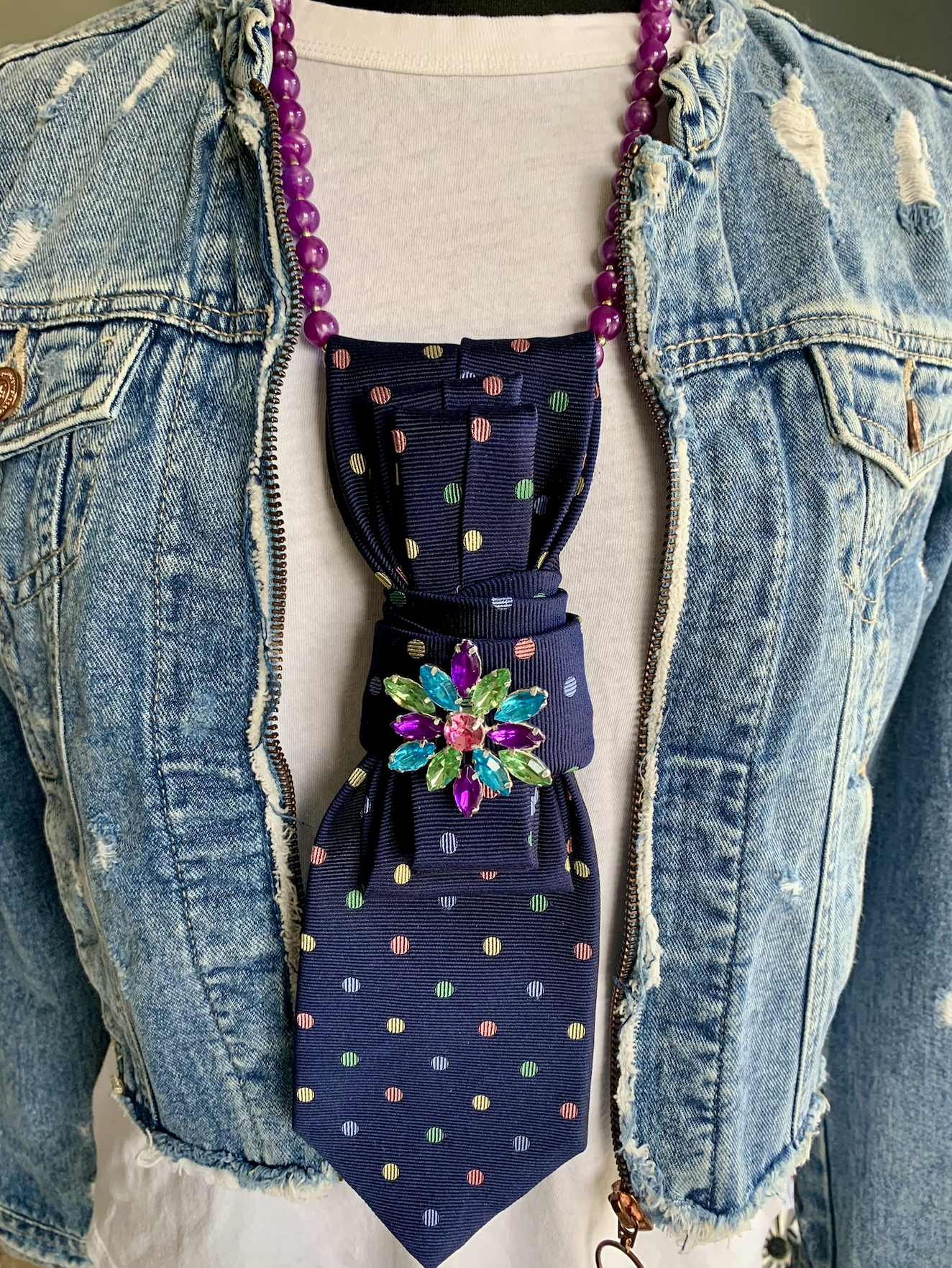 Heather Labas Custom Tie Necklace — Navy Polka Dot Jewel Flower