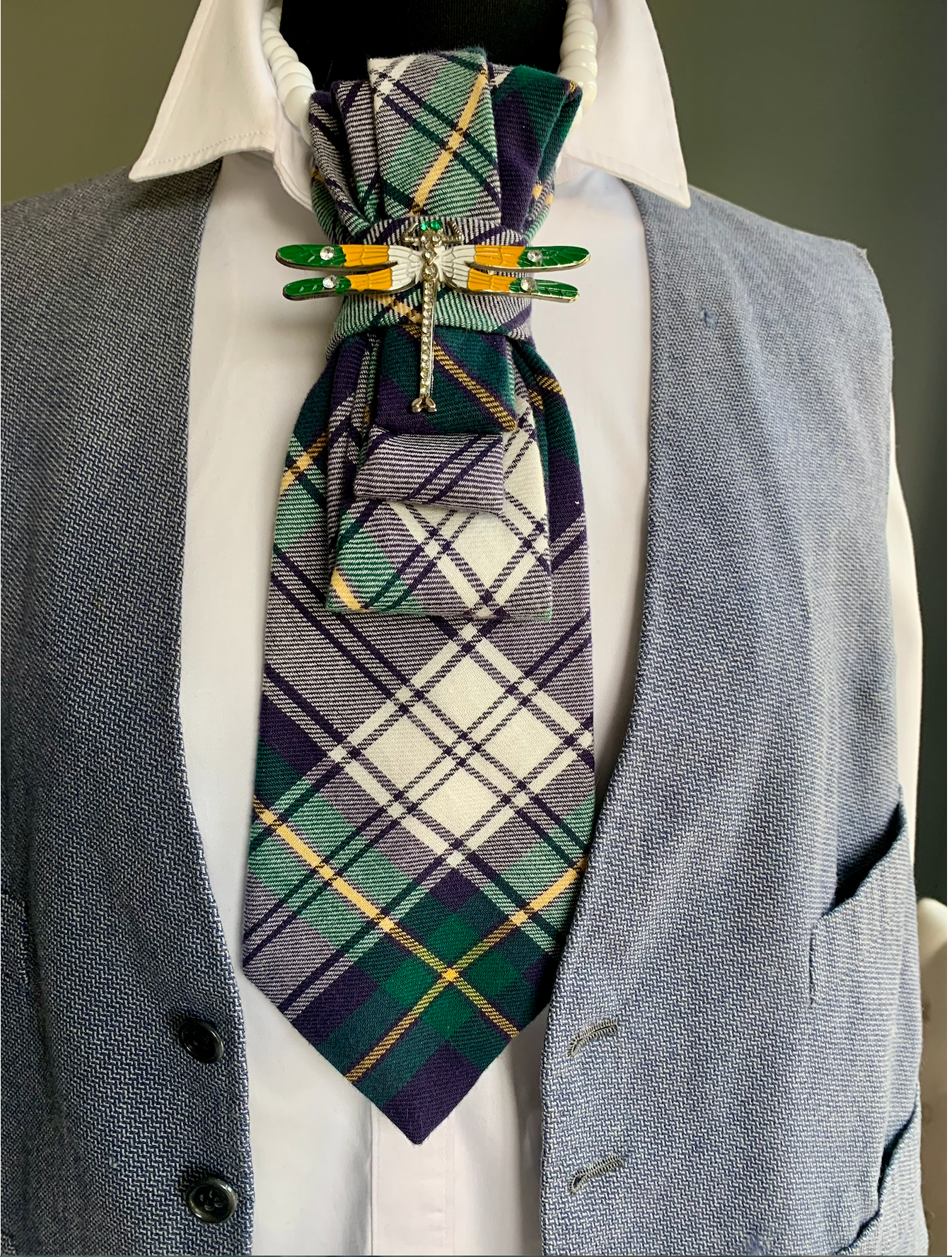 Heather Labas Custom Tie Necklace — Tartan Plaid Dragonfly