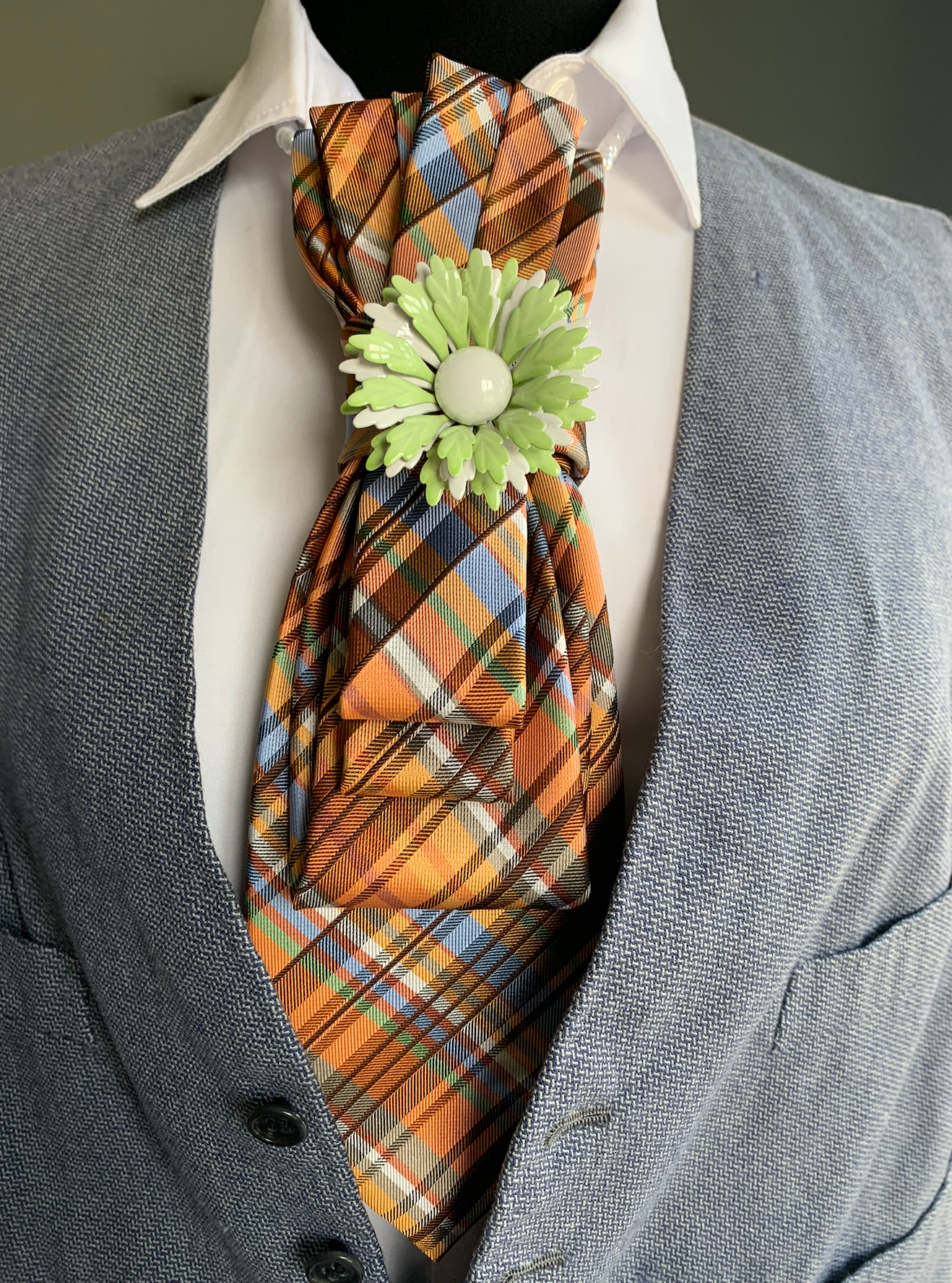 Heather Labas Custom Tie Necklace — Orange Madras Plaid Lime Daisy