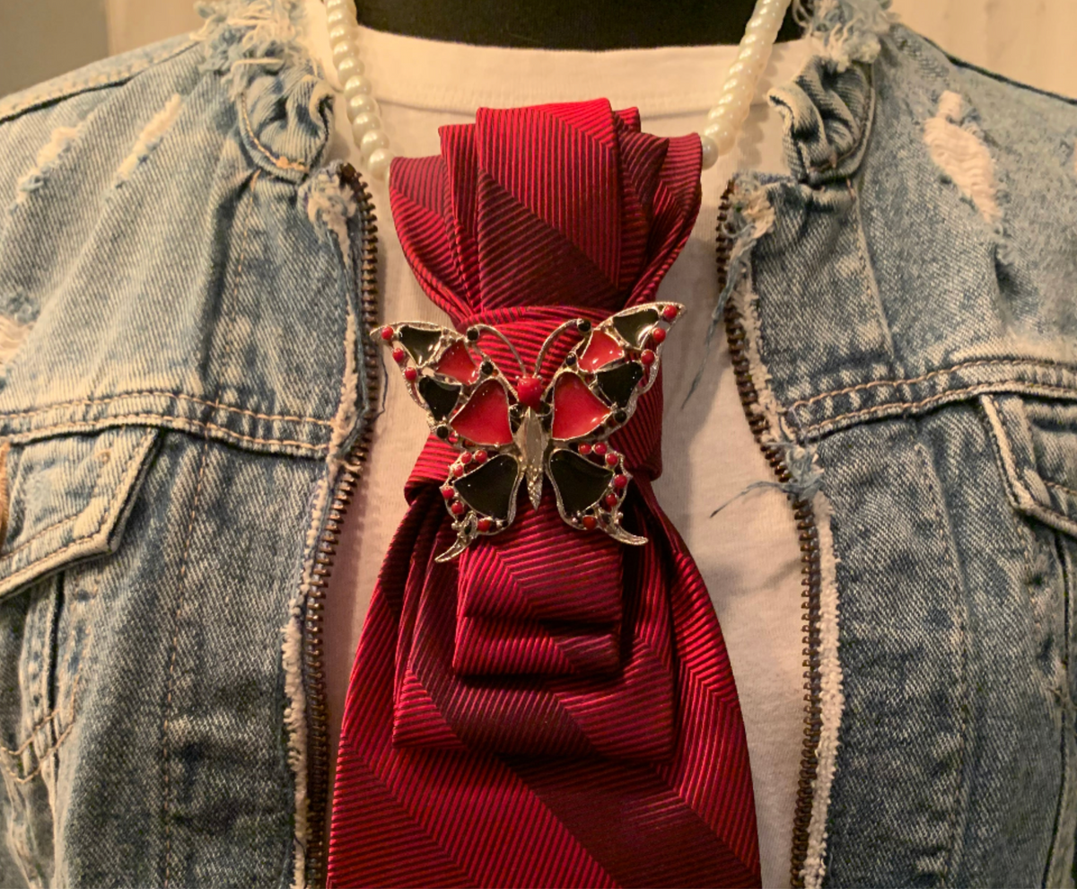 Heather Labas Wine Stripe Tie Necklace with Butterfly Broach